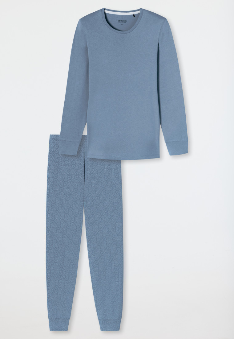 Schlafanzug lang Bündchen blaugrau gemustert - Comfort Essentials