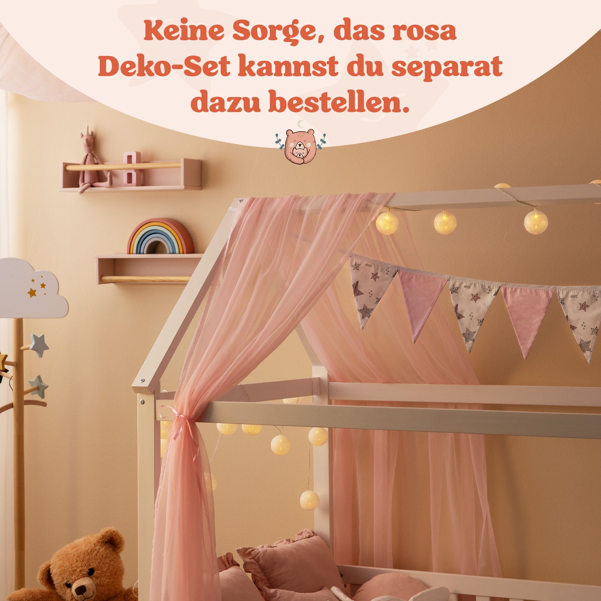 Alcube Kinderbett HEIM I Top ANGEBOTE I Begrenzte Zeit I BESTSELLER! (Hausbett 80x160 cm inkl. Rausfallschutz und Rolllattenrost, Kinderbett 80x160 cm für Matratze 160x80 Jugendbett 80x160 cm), Kinderbett in Weiß für Mädchen und Jungen Einzelbett aus