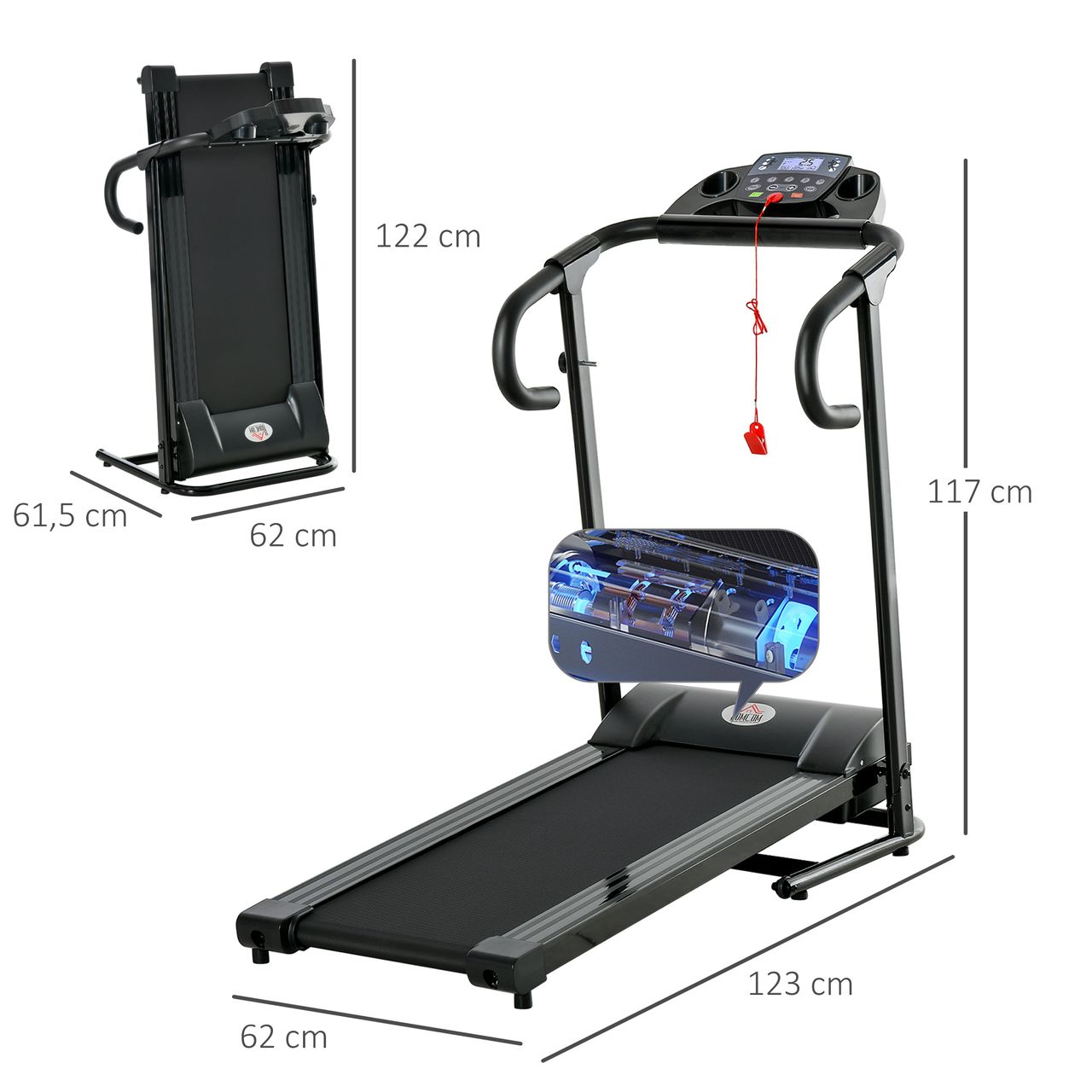 HOMCOM Laufband Klappbar elektrisch 500 W 0,8-10 km/h 0,75HP LCD-Display Handyhalterung geeignet für Home Gym Indoor Fitness Schwarz 123 x 62 x 117 cm
