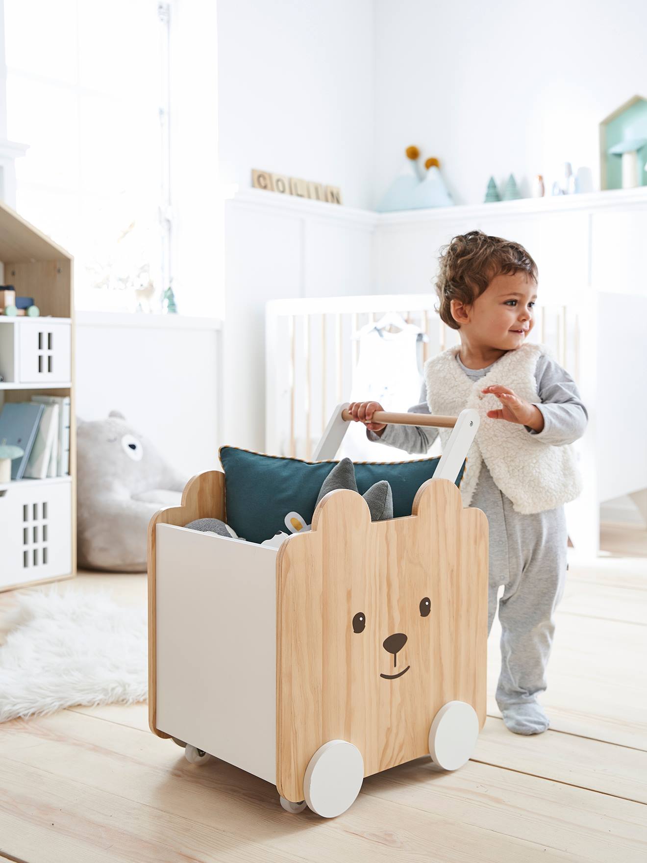 Vertbaudet Kinderzimmer Fahrbare Spielzeugkiste BÄR - natur/weiß