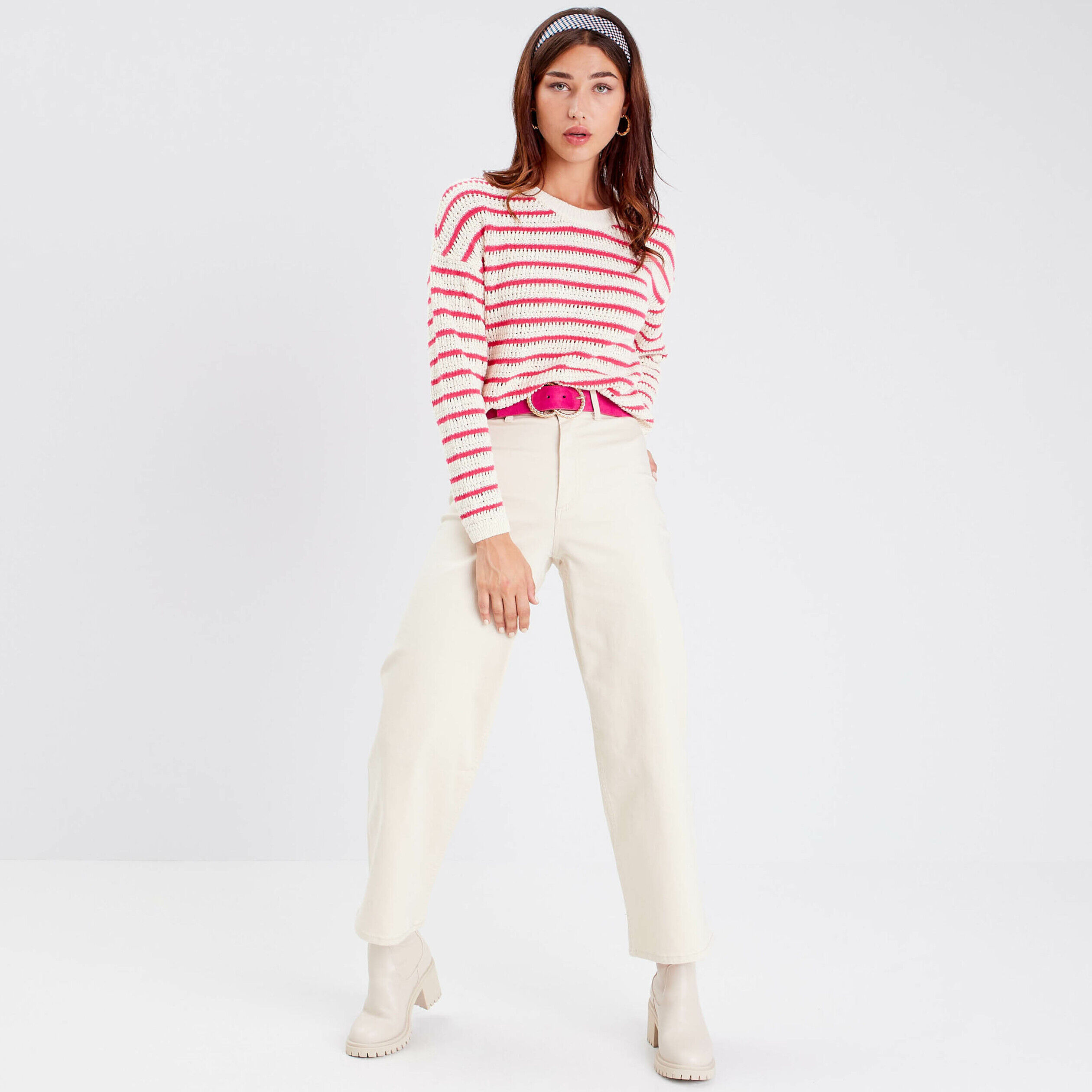 Pull manches longues ajouré rose vif femme | Cache Cache