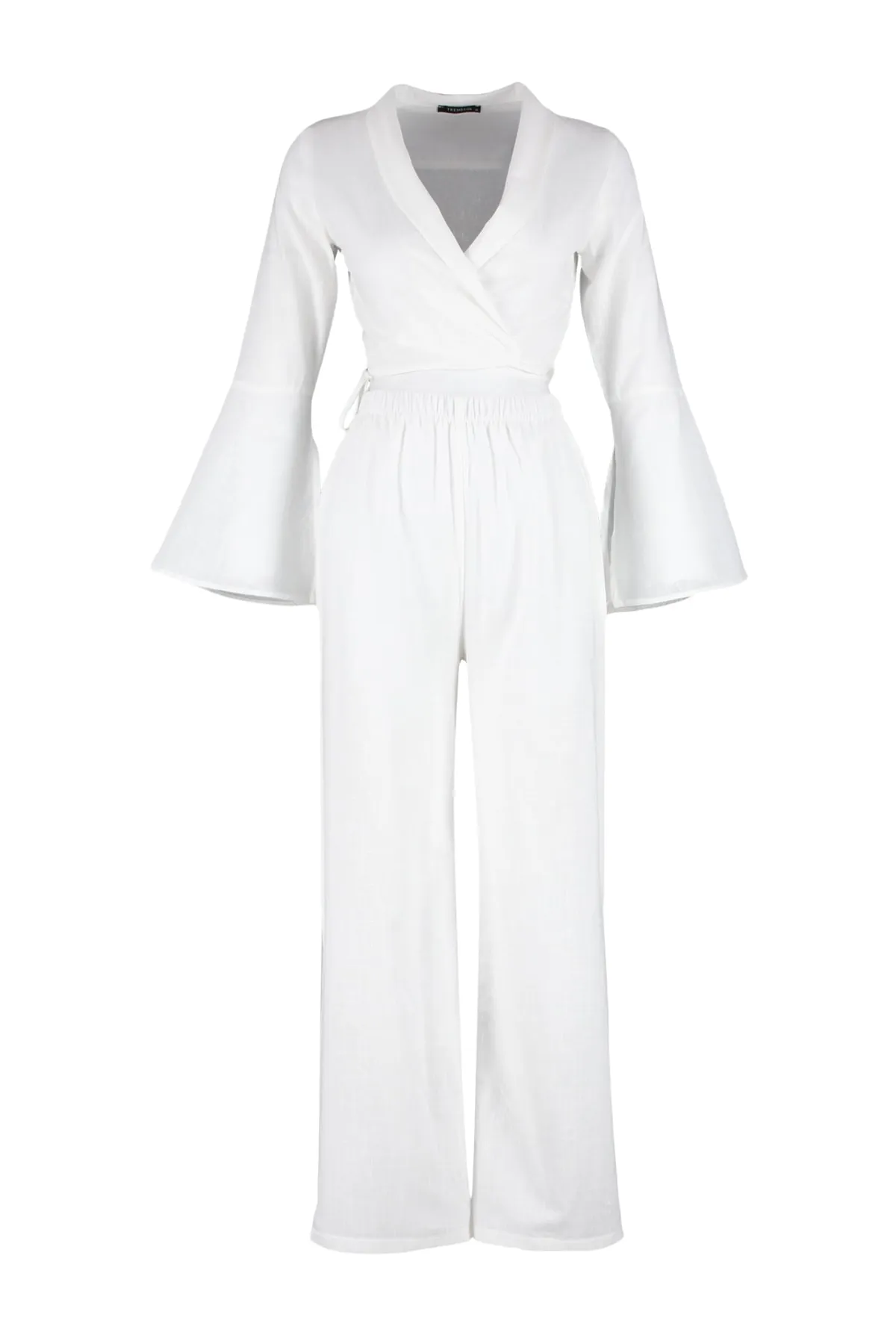Trendyol Collection  Ecrufarbenes, gewebtes, geschlitztes Blusen- und Hosen-Set aus 100 % Baumwolle TBESS23AU00085