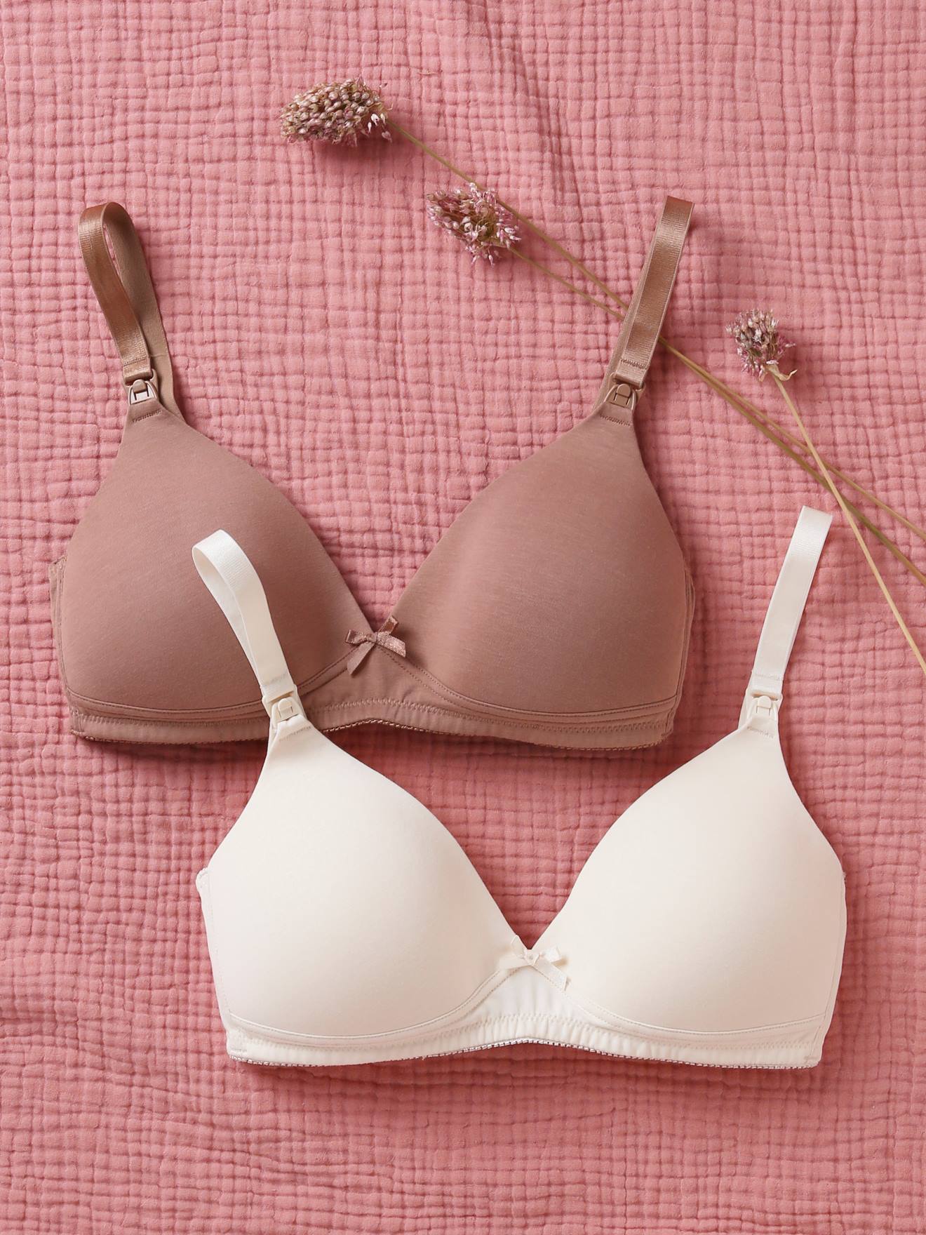 2 soutiens-gorge grossesse et allaitement rembourré en coton bio lot gris chine + rose chine