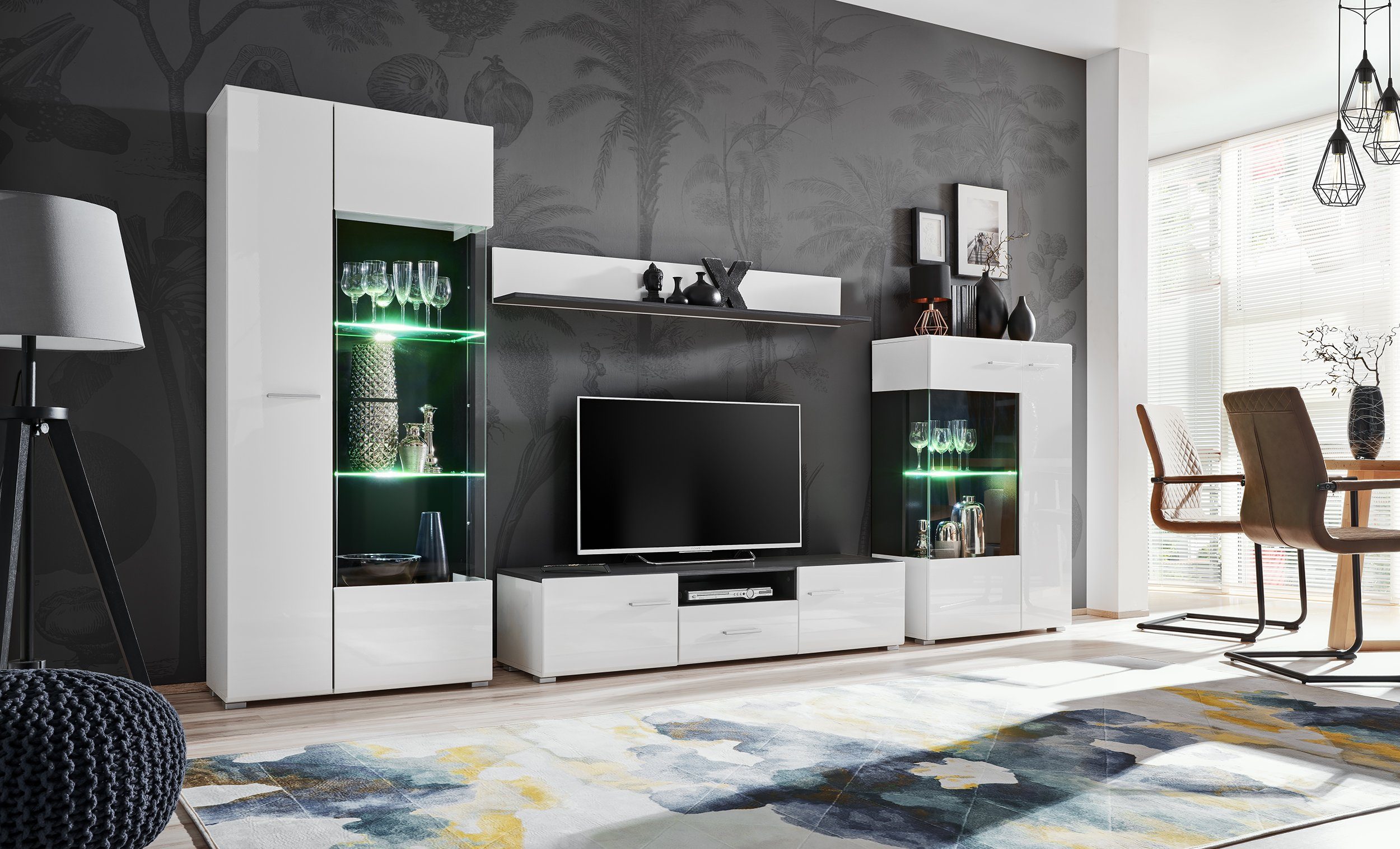 Stylefy Wohnwand Irvine, (Wohnmöbel, Wohnzimmer-Set, Set (4-St), bestehend aus 2xStandvitrine, 1xLowboard, 1xWandboard, inkl. LED-Beleuchtung, mit Glaseinsatz,variabel stellbar und hängbar, Hochglanzfronten