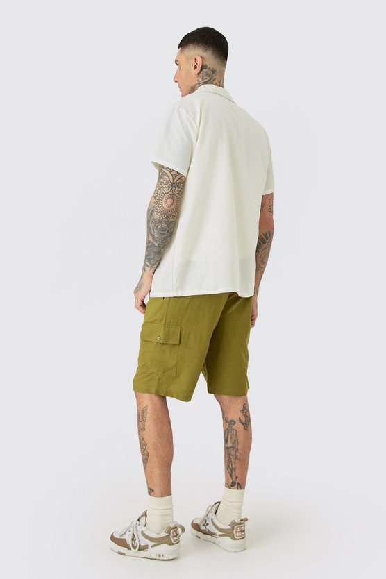Tall lockere Leinen Cargo-Shorts mit elastischem Bund in Khaki