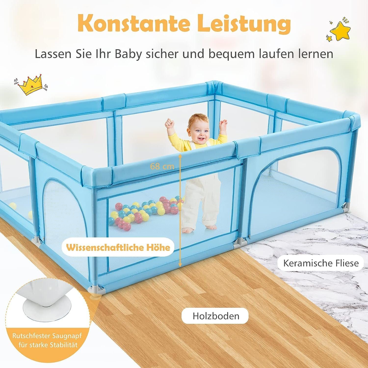 KOMFOTTEU Laufstall Krabbelgitter, mit 50 Spielbällen, 205x147x68cm