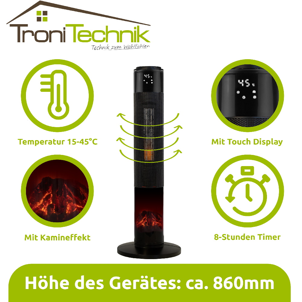TroniTechnik Turm-Keramikheizer 2kW TT-KH-073 mit Kaminfunktion