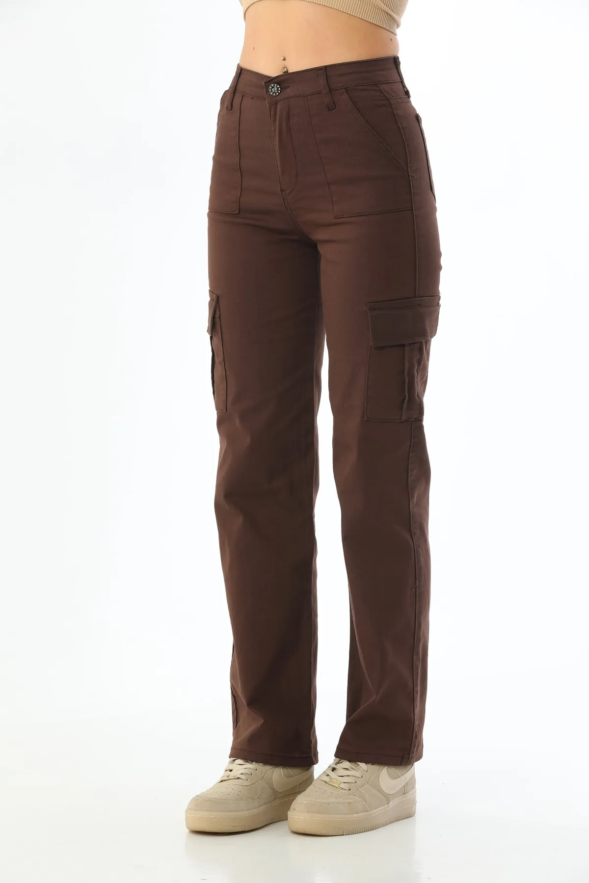 BİKELİFE  Braune Cargo-Hose aus Lycra mit hoher Taille und weitem Bein und Tasche