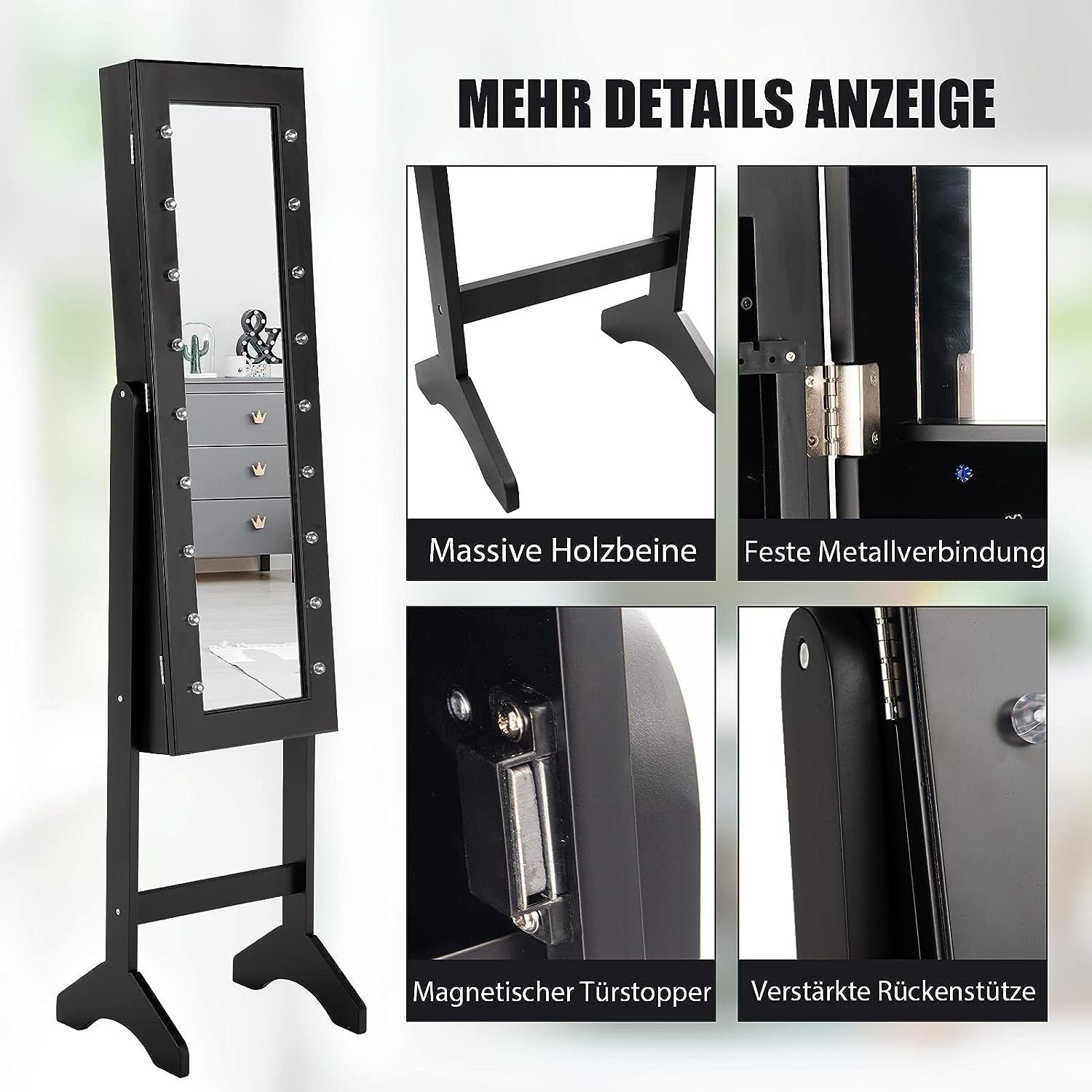 KOMFOTTEU Schmuckschrank mit 2 Spiegel stehend, mit LED, schwarz