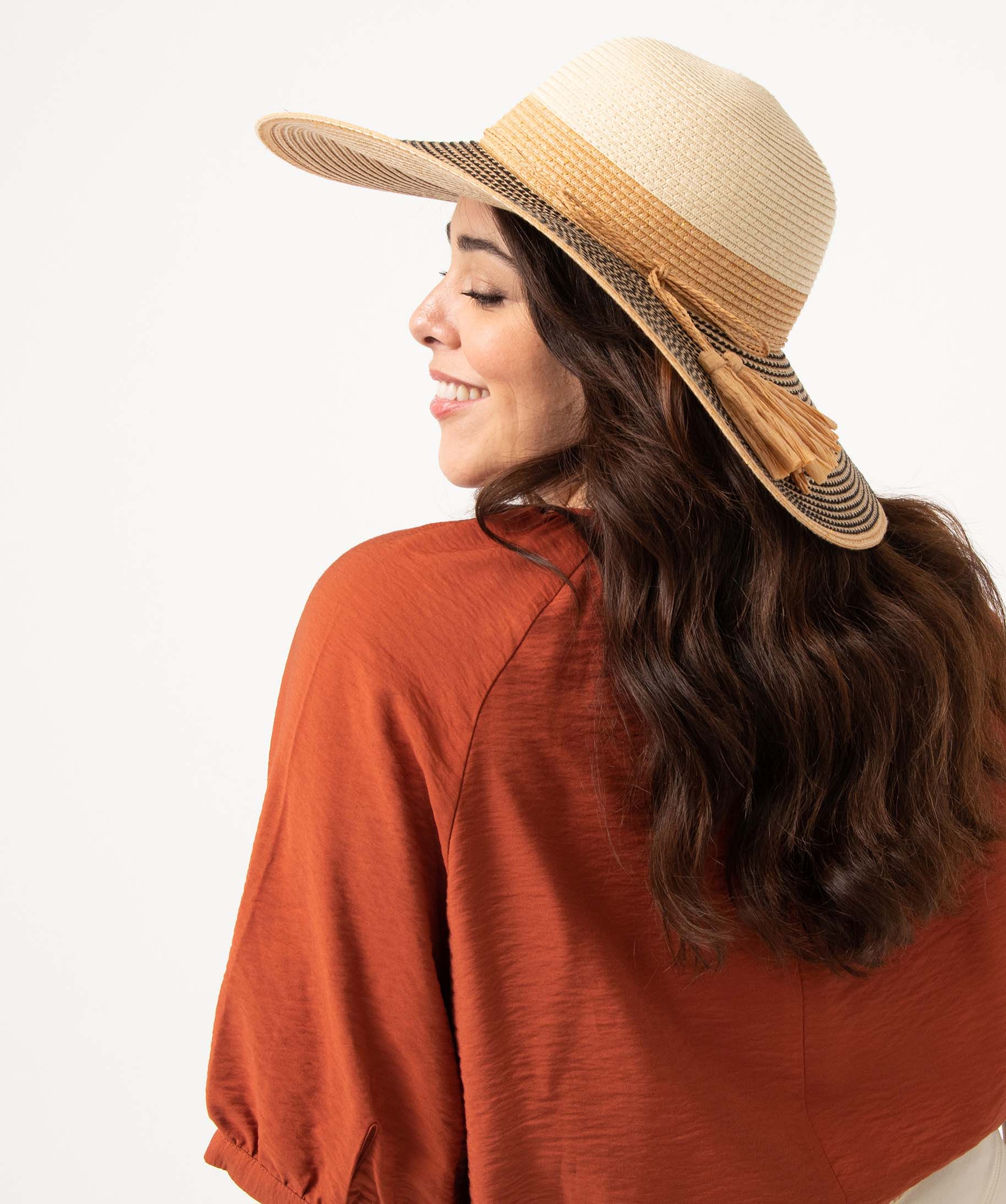 Chapeau femme forme capeline avec pompons en raphia beige | GEMO