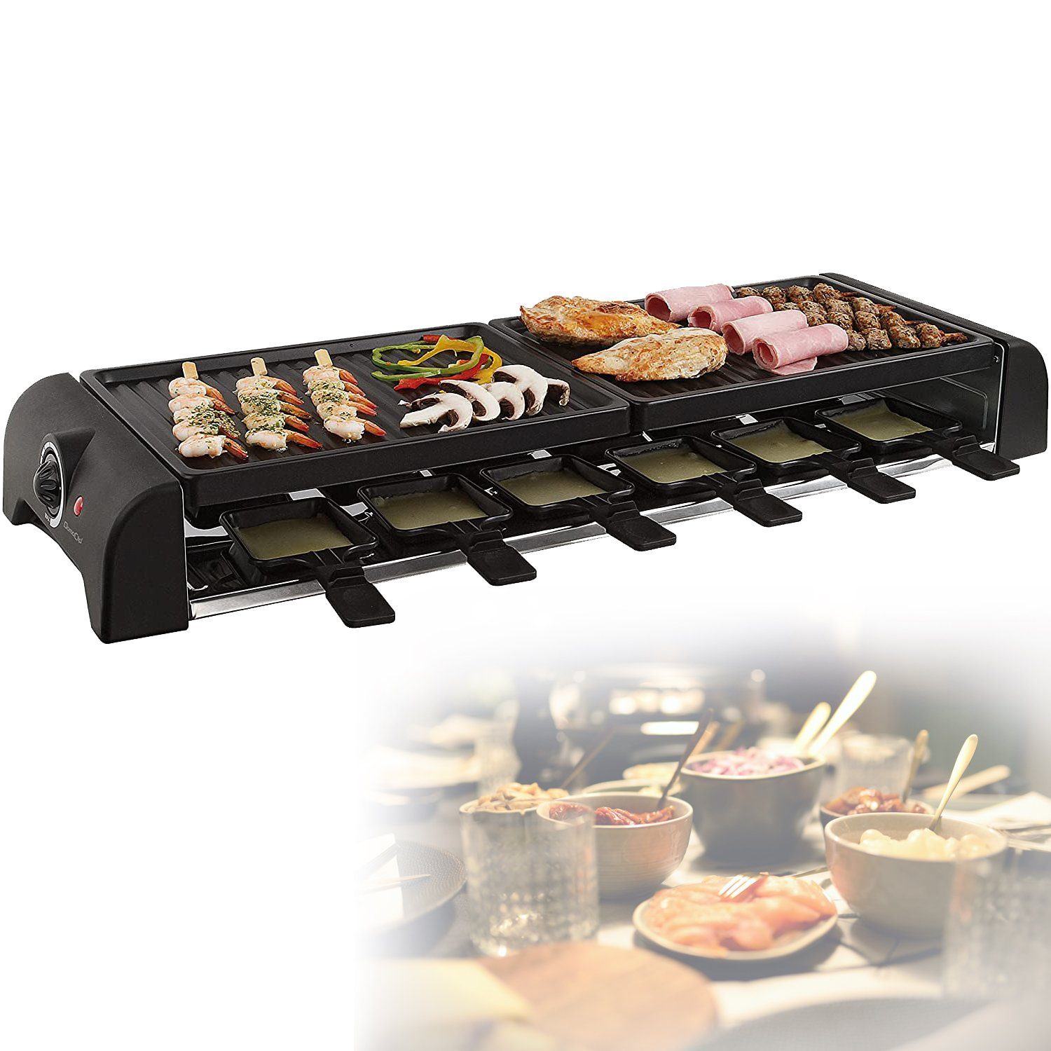 LIVOO Raclette LIVOO Raclette-Grill Raclette-Party-Set 12 Personen DOC185, 12 Raclettepfännchen, 1800,00 W, Antihaftbeschichtung, abnehmbare Grillplatten, rutschfeste Füße