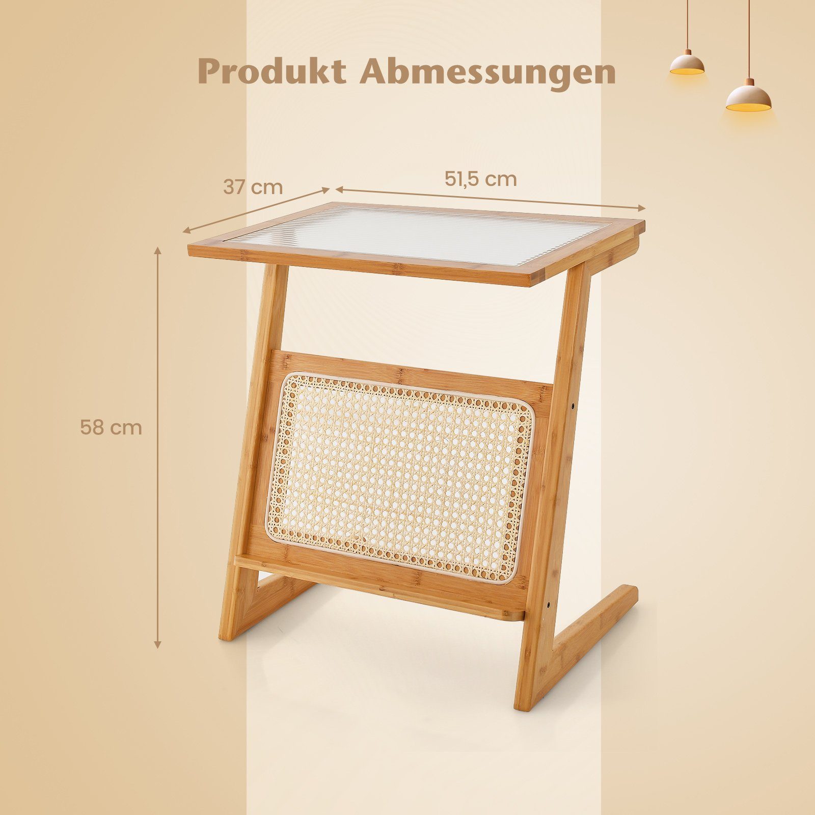 COSTWAY Beistelltisch, Bambus, Z-förmig, mit Rattan-Ablage & Glasplatte, Natur