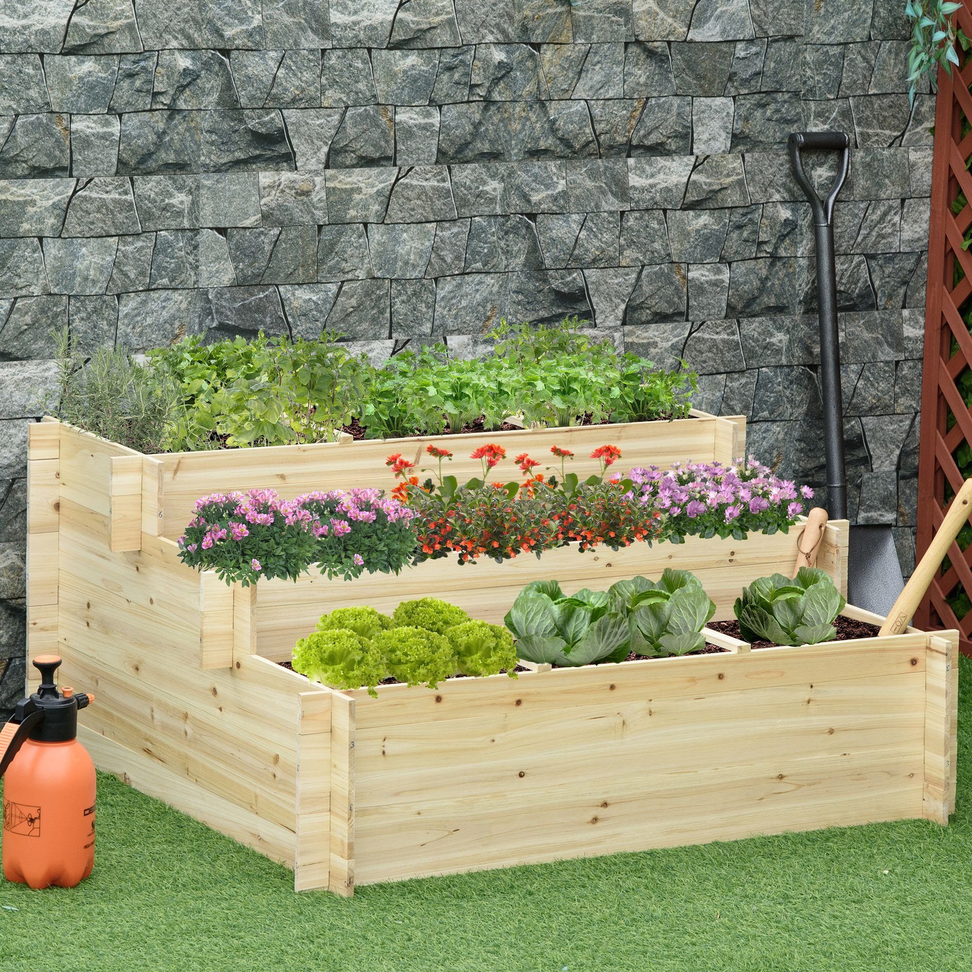 Outsunny Hochbeet 3-stufiges Pflanzentreppe, Pflanzenbeet, Kräuterbeet (Blumentreppe, 1 St., Blumenkasten), Natur, 117 x 100 x 54 cm