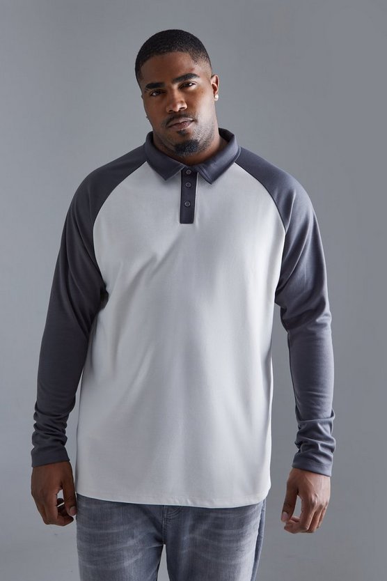 Plus langärmliges Slim-Fit Raglan Colorblock Poloshirt