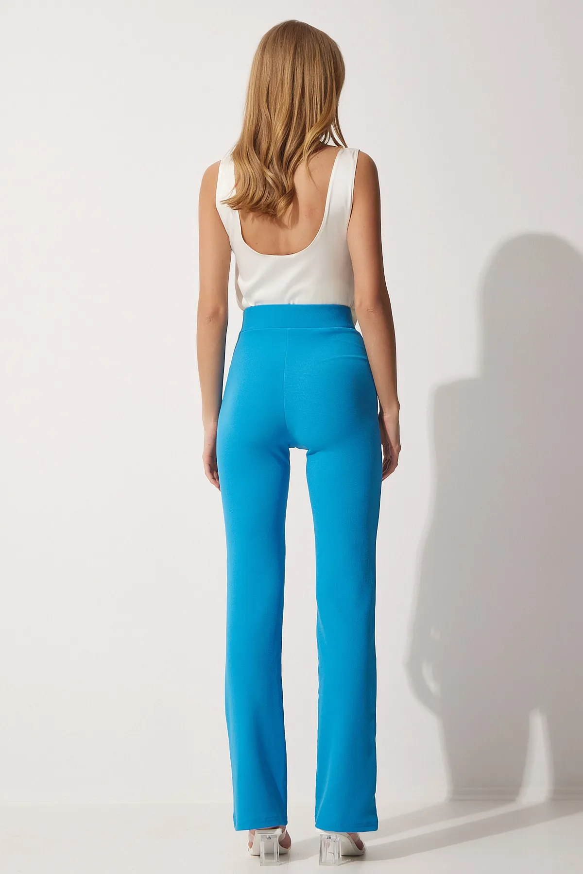 Happiness İstanbul  Blaue bequeme Strickhose aus Lycra mit hoher Taille für Damen RV00090