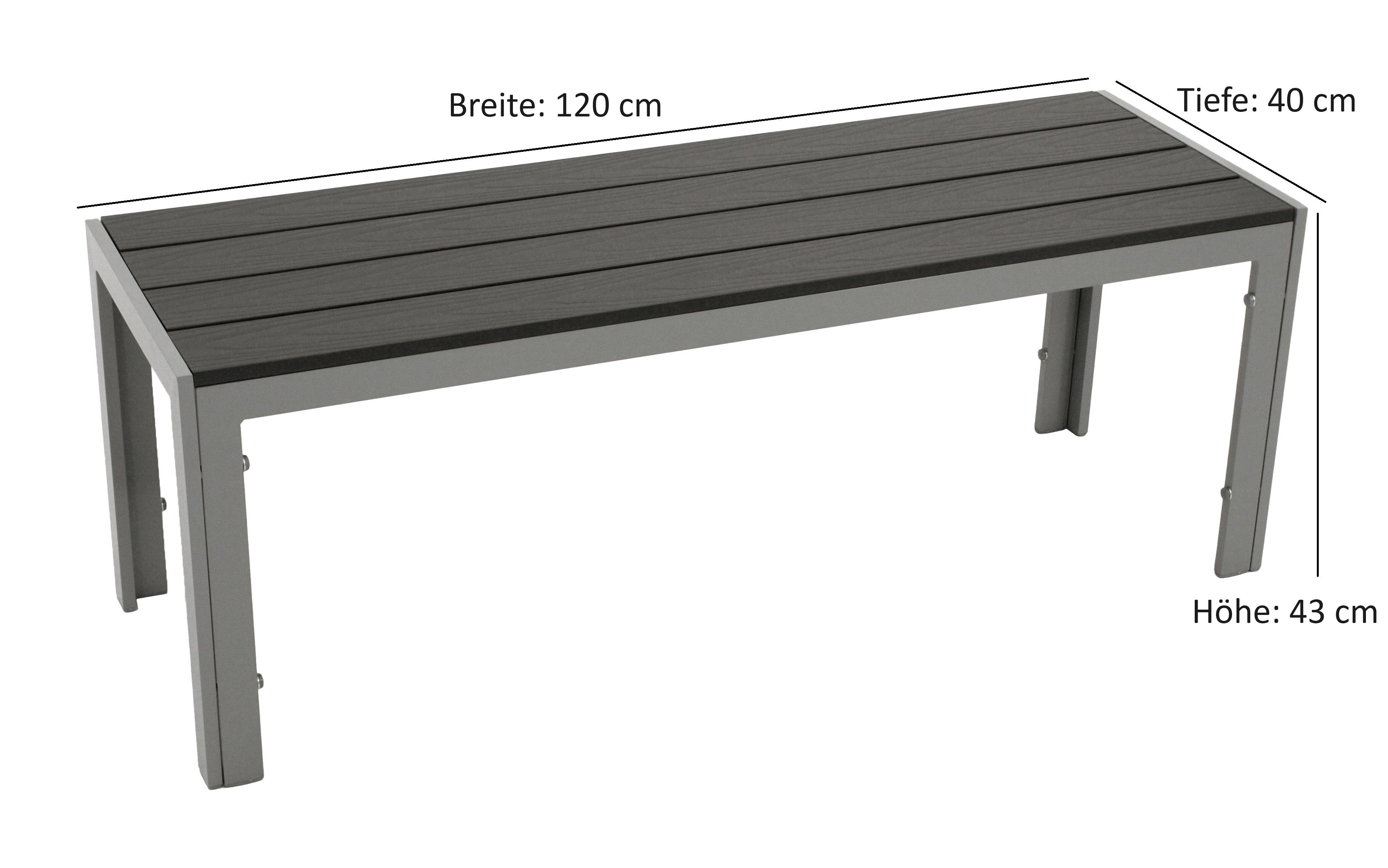 DEGAMO Gartenbank SORANO ohne Rückenlehne, 2-sitzer 120cm, Alu silbergrau + Kunstholz grau, wetterfest