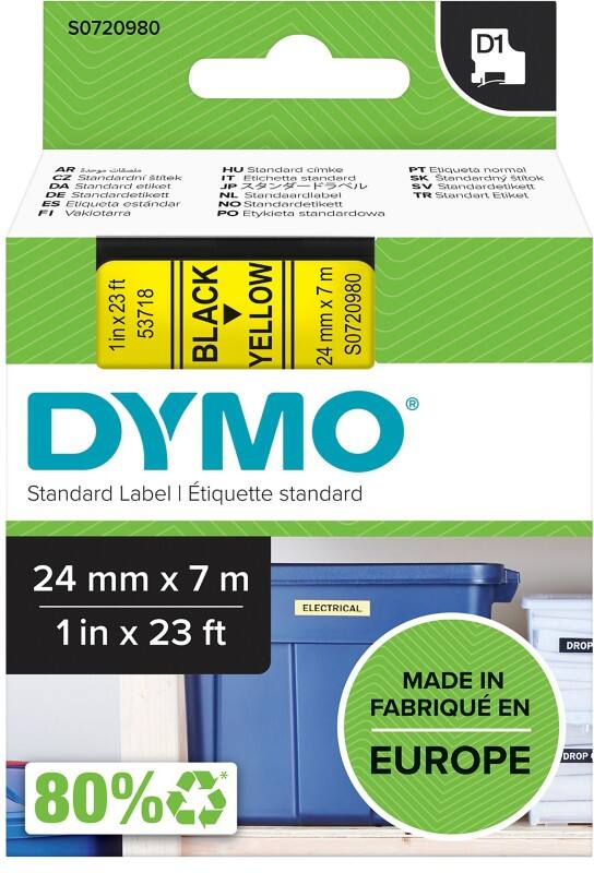Dymo D1 S0720980 / 53718 Authentic Schriftband Selbstklebend Schwarzer Druck auf Gelb 24 mm x 7m