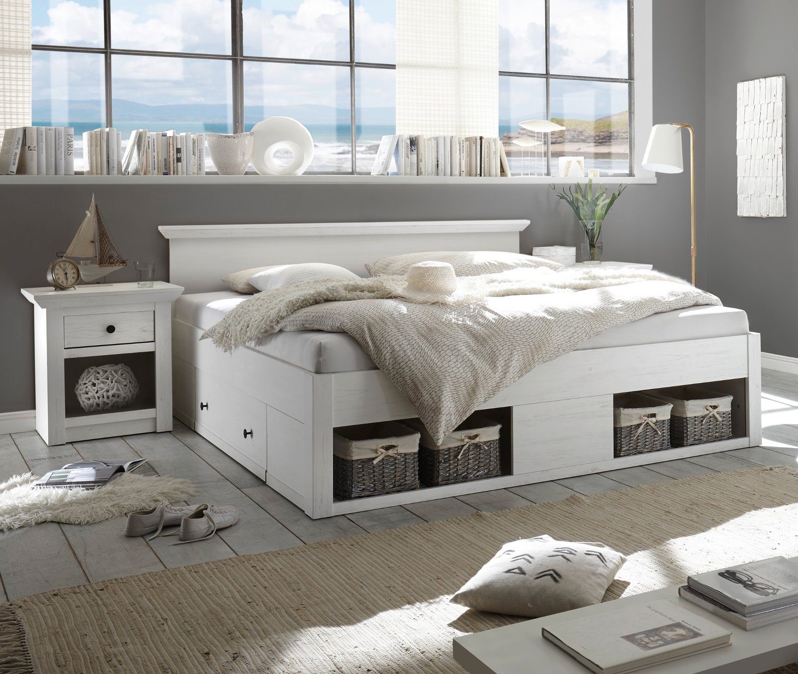 Furn.Design Nachtkommode Hooge (Nachttisch im Dekor Pinie weiß gekälkt, 59 x 62 cm), mit Schublade, Komforthöhe
