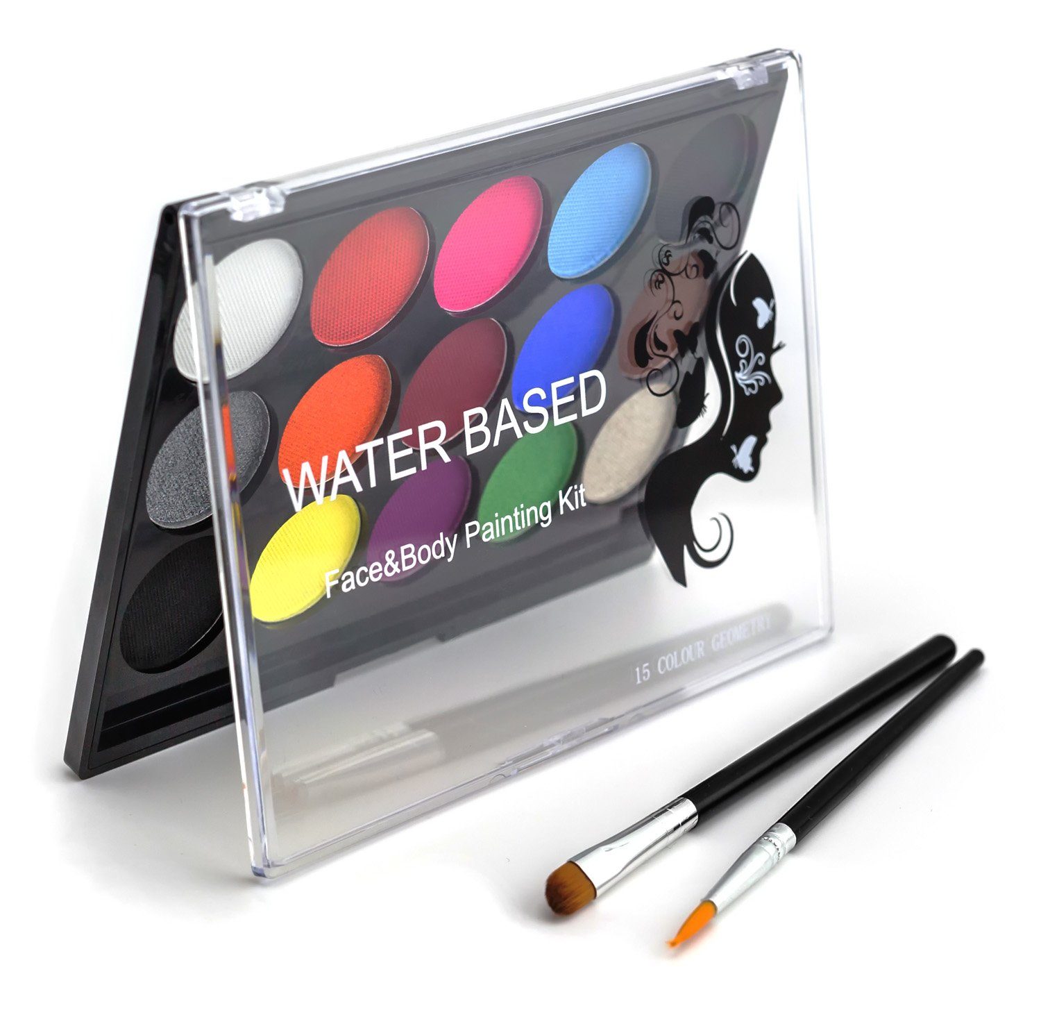MyBeautyworld24 Schmink-Set 15 Bodypainting Farben inkl 2 Pinsel + Tattoo Vorlagen Kinder Schminke, 15-tlg.