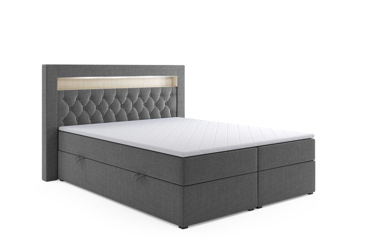 Möbel Punkt Boxspringbett DENVER mit LED und Bettkasten 180 x 200 cm Webstoff Anthrazit Bett Bettkasten