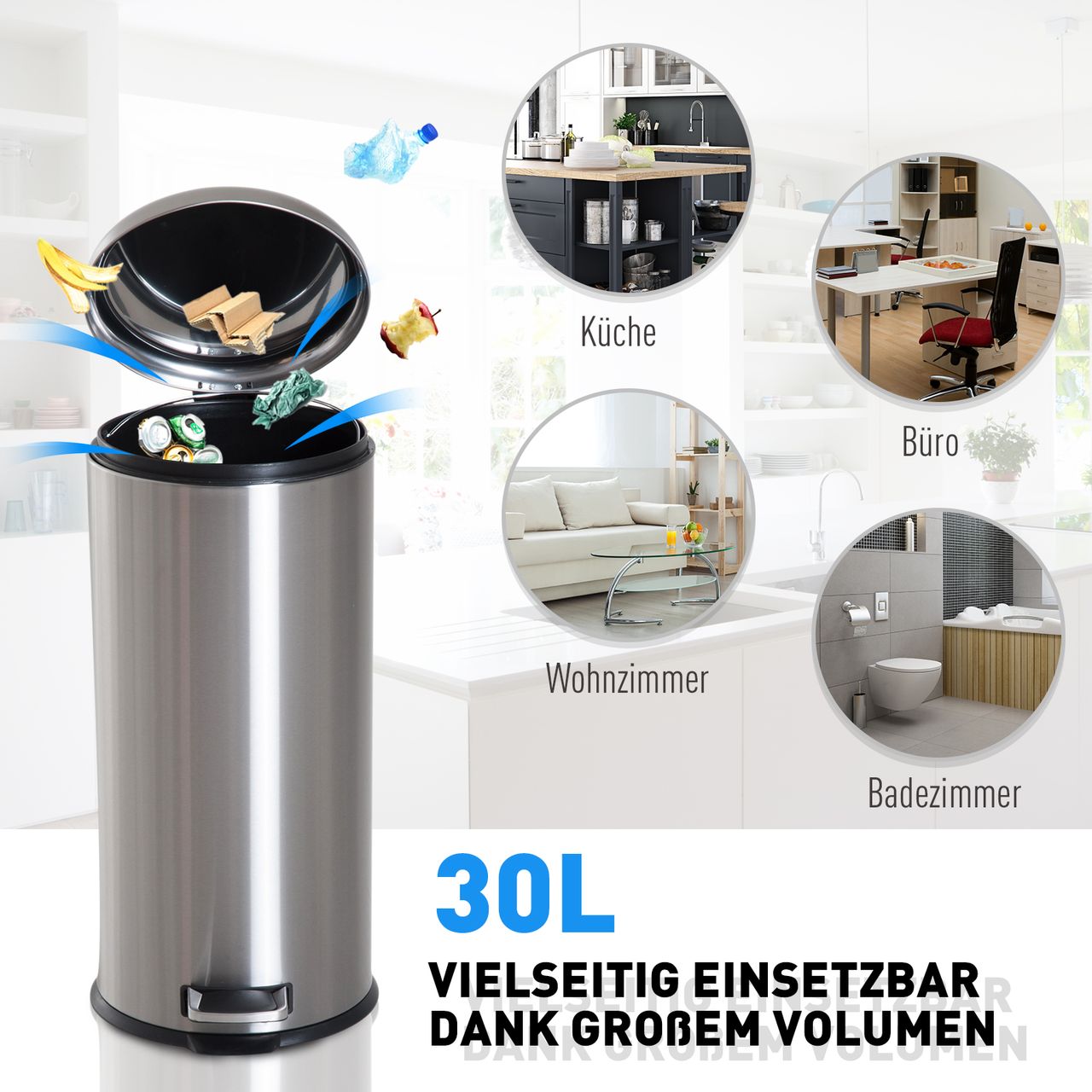 HOMCOM Treteimer mit Inneneimer Pedal-Mülleimer Klappdeckel Abfallsammler Edelstahl Silber 30L