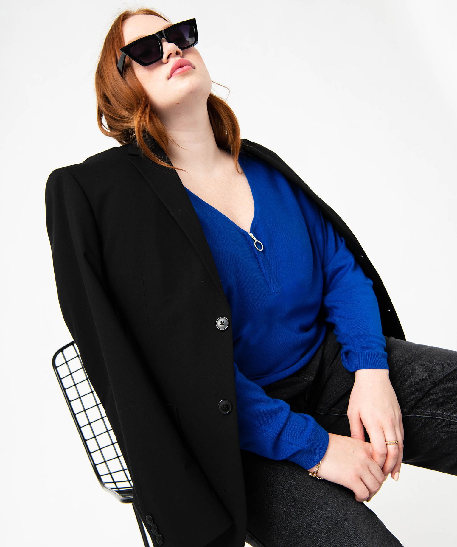 Pull fin avec col V zippé femme grande taille bleu | GEMO