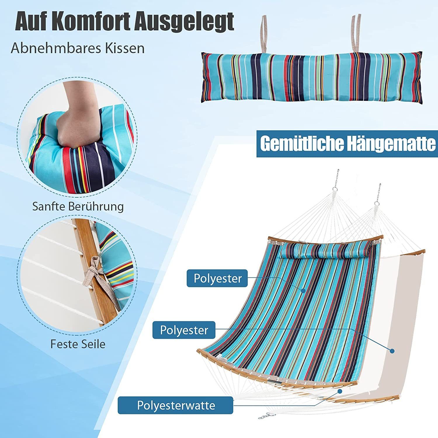 KOMFOTTEU Hängematte Hängeliege mit abnehmbarem Kissen, Belastbarkeit bis 150 kg, 189 x 140,5 cm