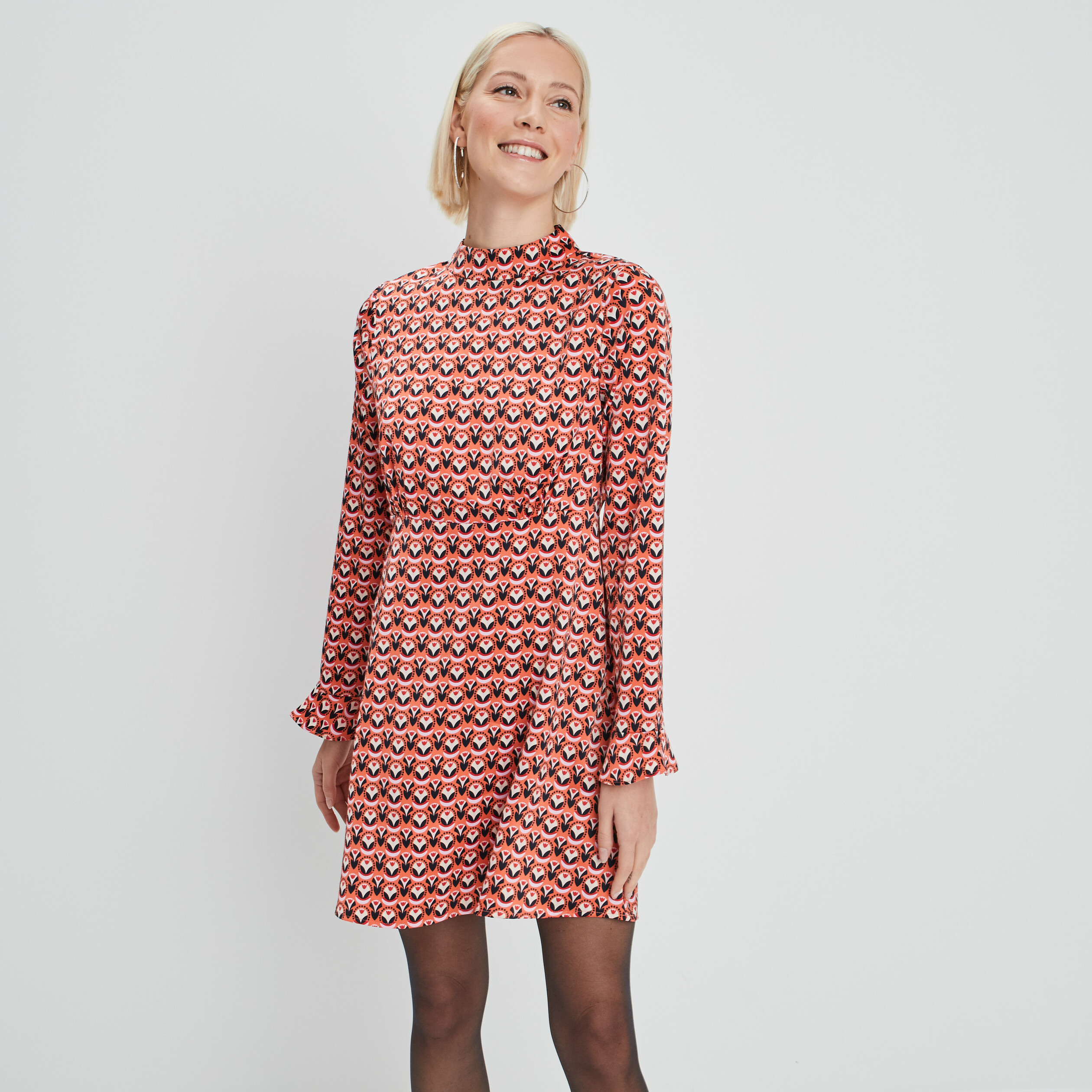 Robe trapèze col montant orange corail femme | La Halle