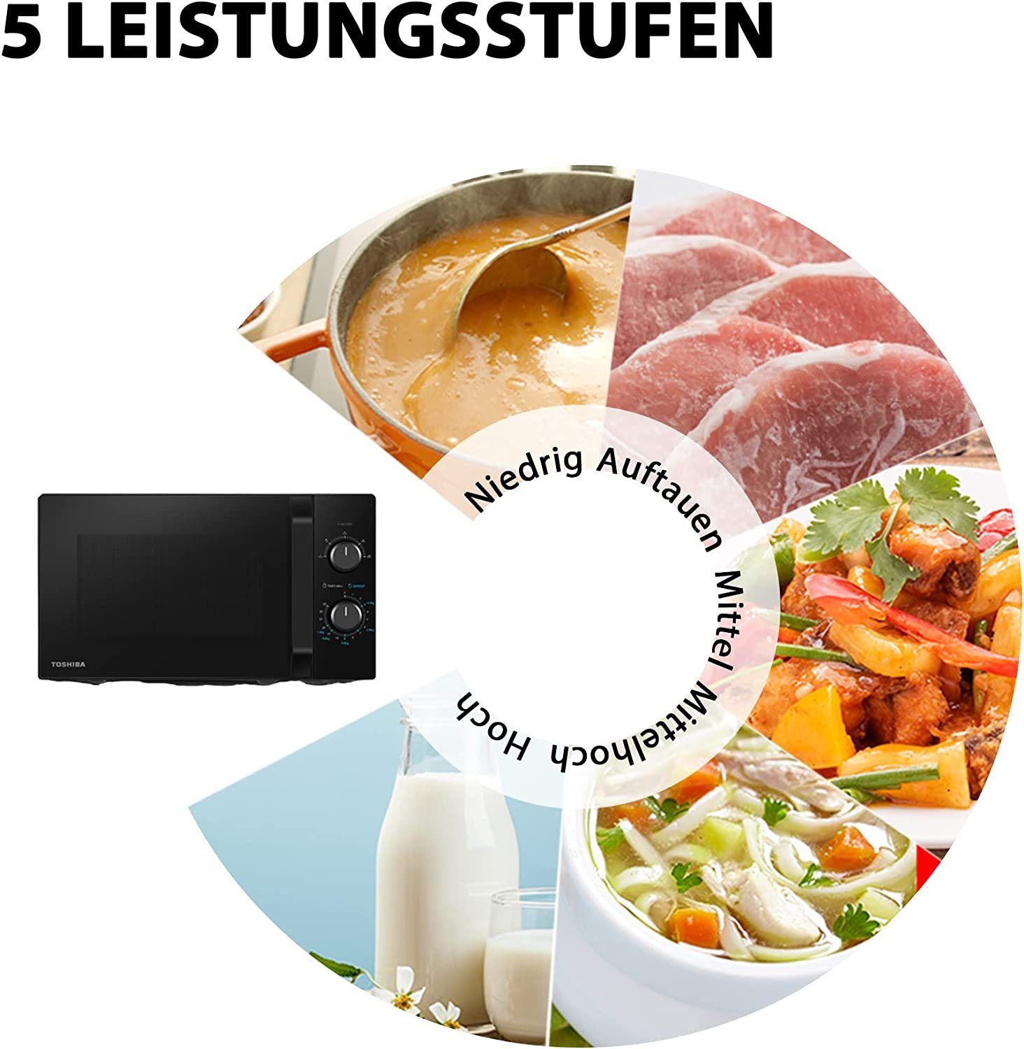 Toshiba Mikrowelle MW2-MM20PF(BK) Freistehend Mikrowelle, 20L, 800W, 5 Leistungsstufen, Mikrowelle, 20,00 l, mit Grill und Heissluft, Auftaufunktion