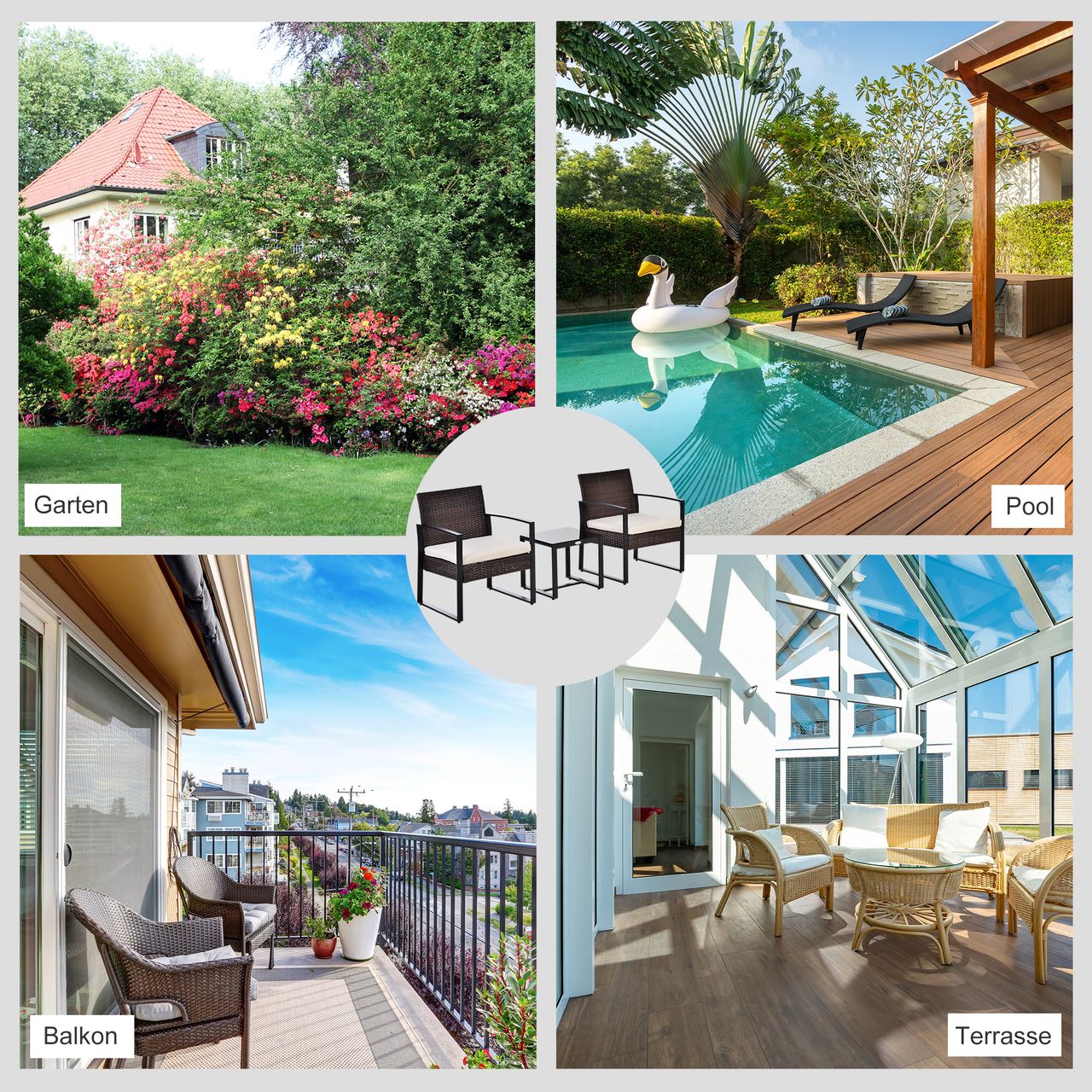 Outsunny Polyrattan Gartenset 3 tlg. Balkonmöbel Set mit Kissen Braun Creme