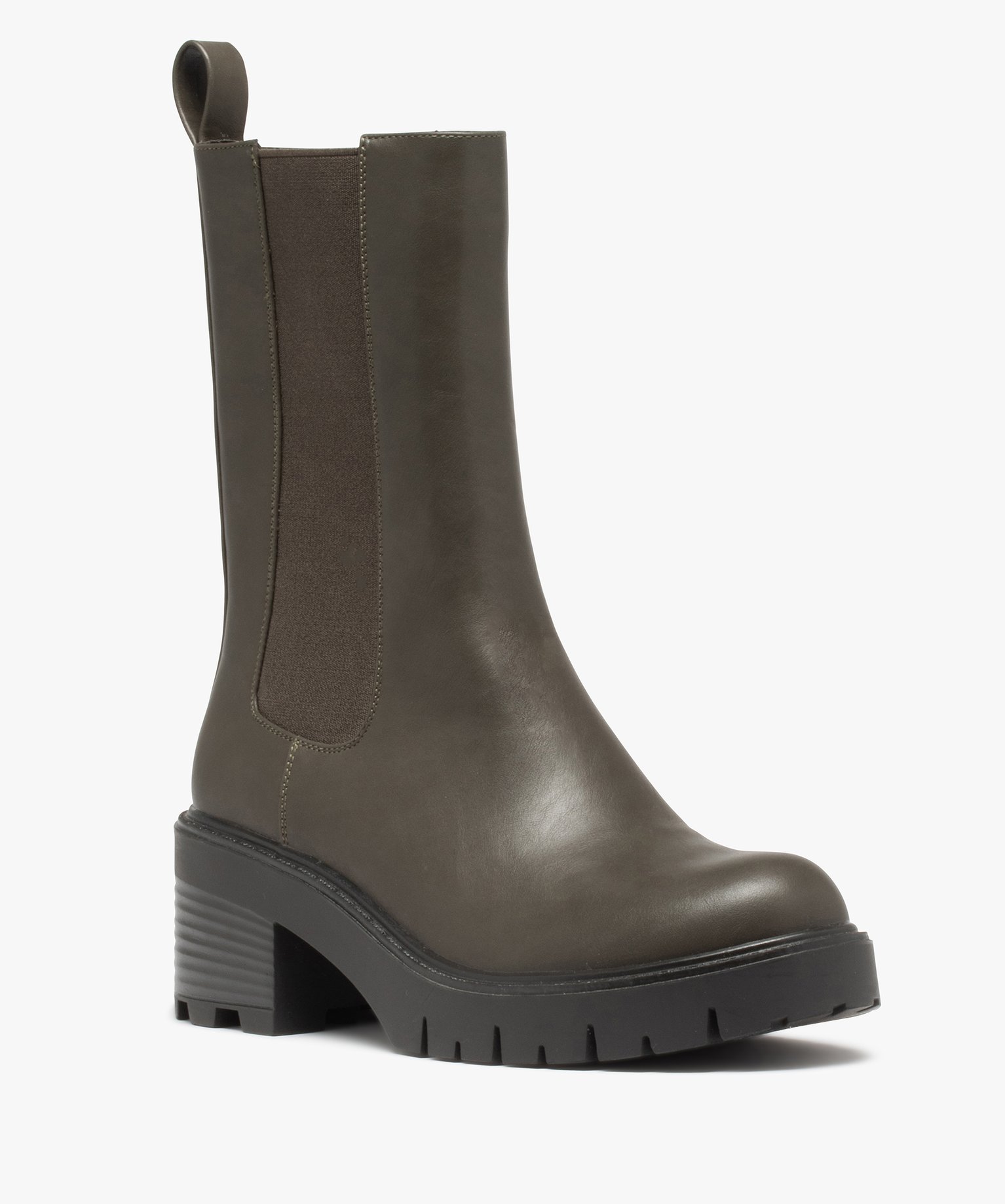 Boots femme unies à talon large et semelle crantée kaki | GEMO