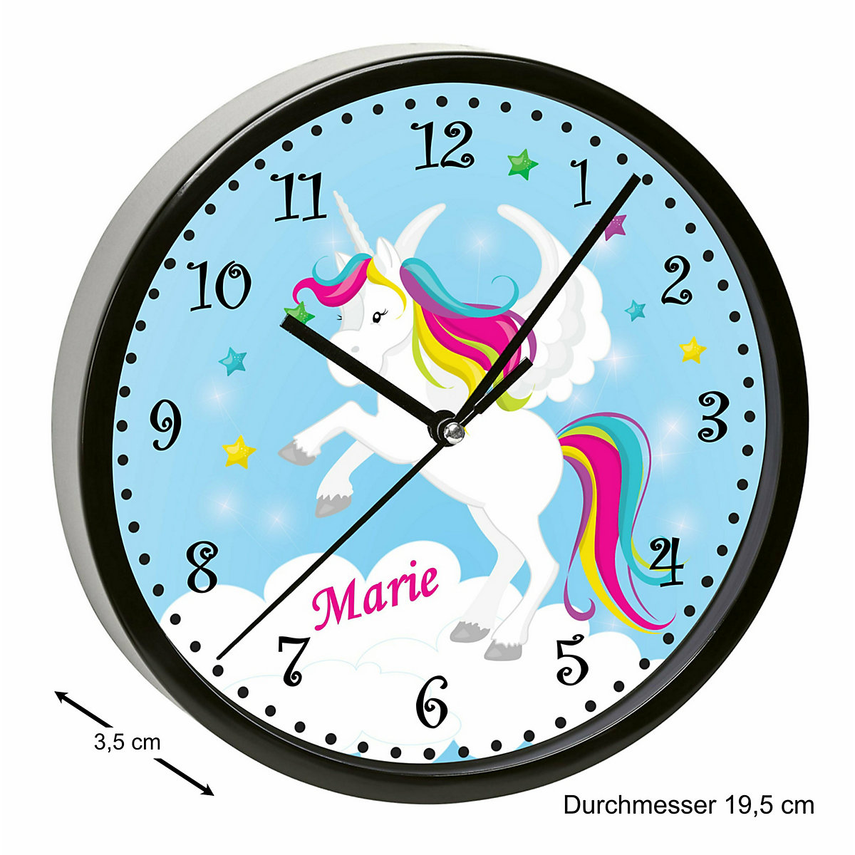 Kinder Wanduhr personalisiert mit Name Pegasus Blau