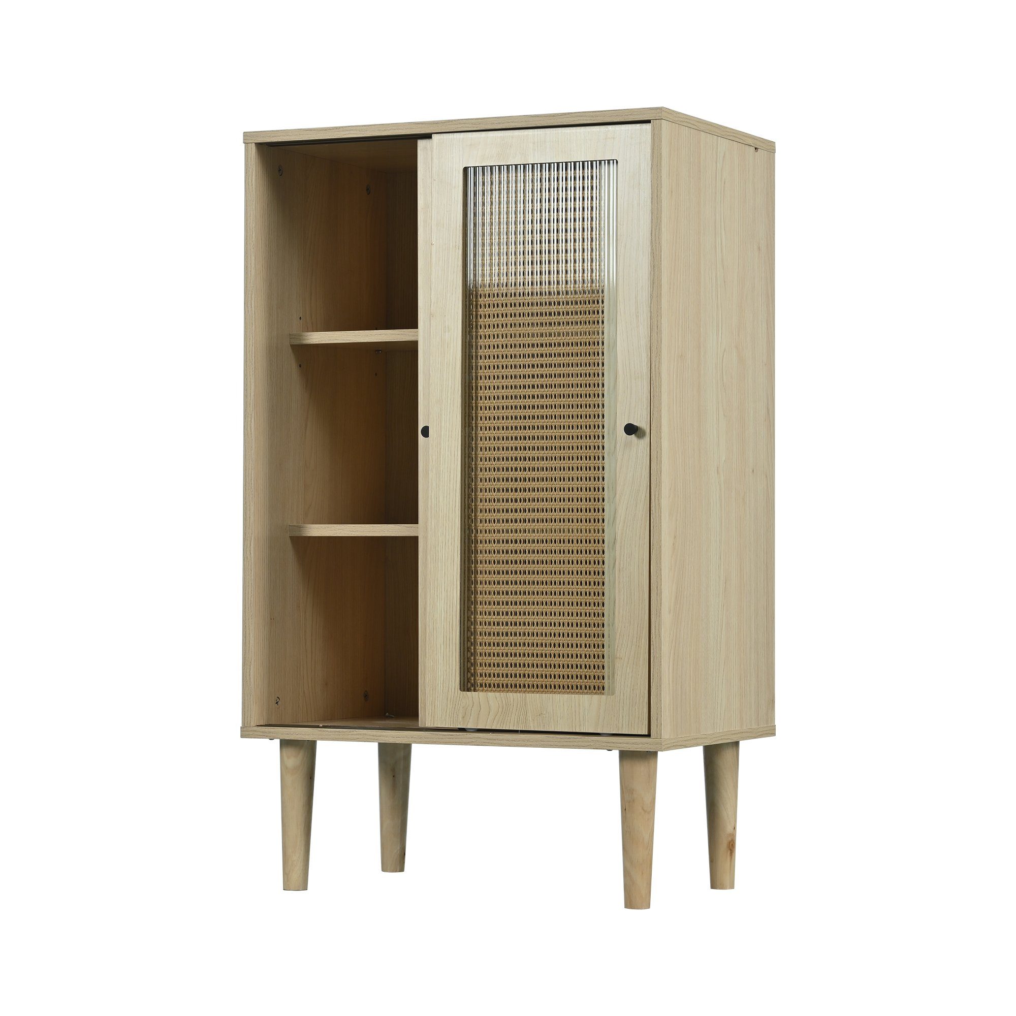 Merax Highboard, mit Glastür und Rattangeflecht, Vitrine Landhaus, Kommode, Sideboard