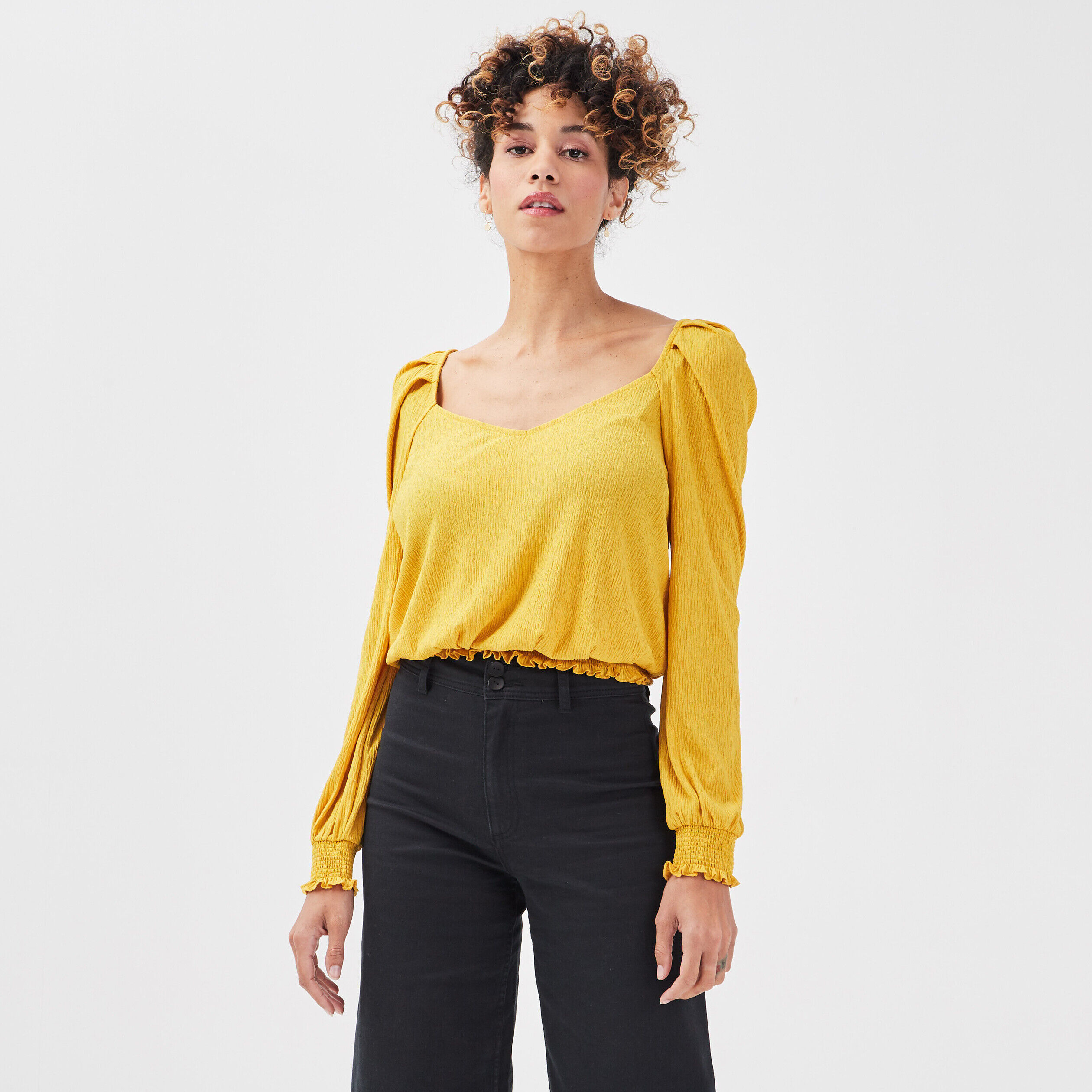 T-shirt manches longues jaune moutarde femme | Cache Cache