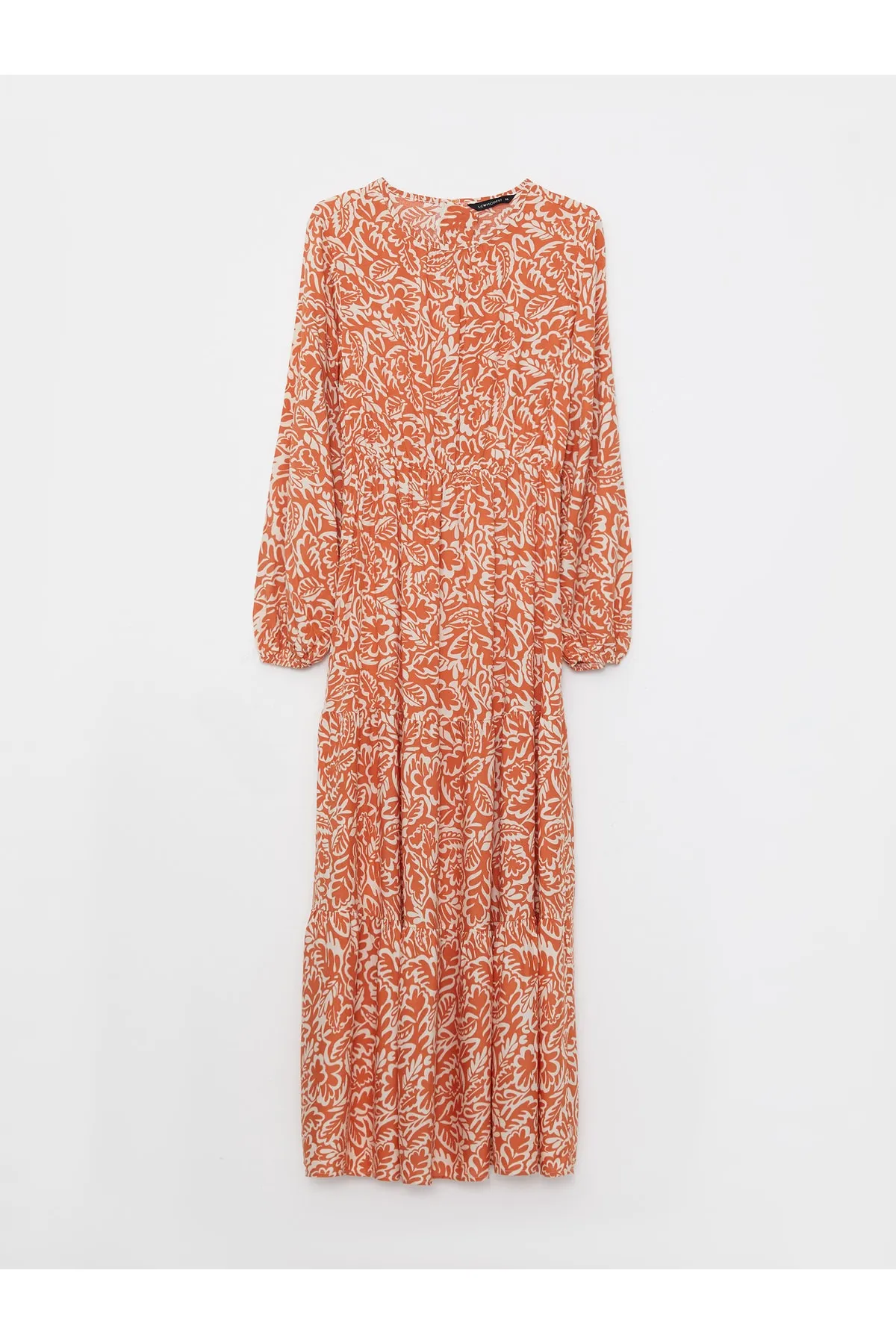 LC Waikiki  Gemustertes Damenkleid aus Viskose mit langen Ärmeln und Rundhalsausschnitt