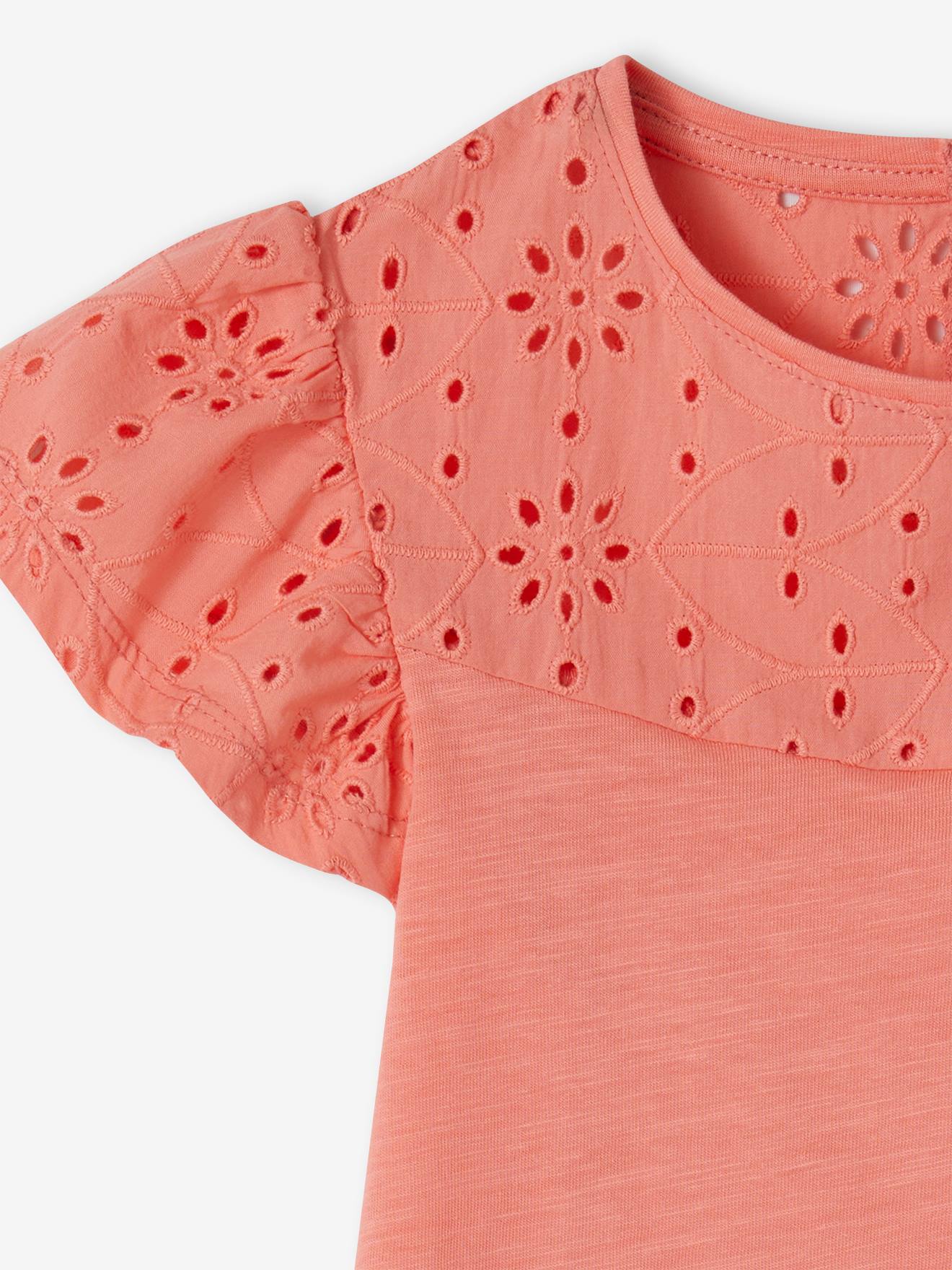 Vertbaudet Mädchen T-Shirt mit Volantärmeln und Lochstickerei Oeko-Tex - dunkelrosa
