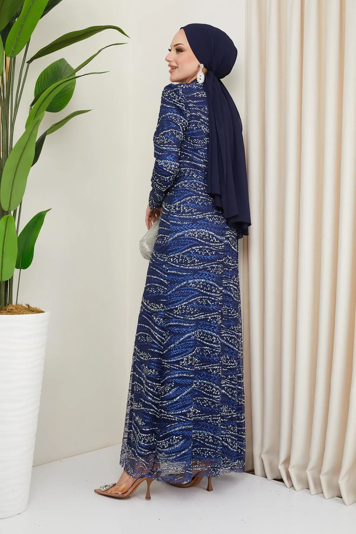 Olcay  Hijab-Abendkleid aus Tüll mit Stein- und Pailletten-Erbsenmuster, DUNKELBLAU 1209