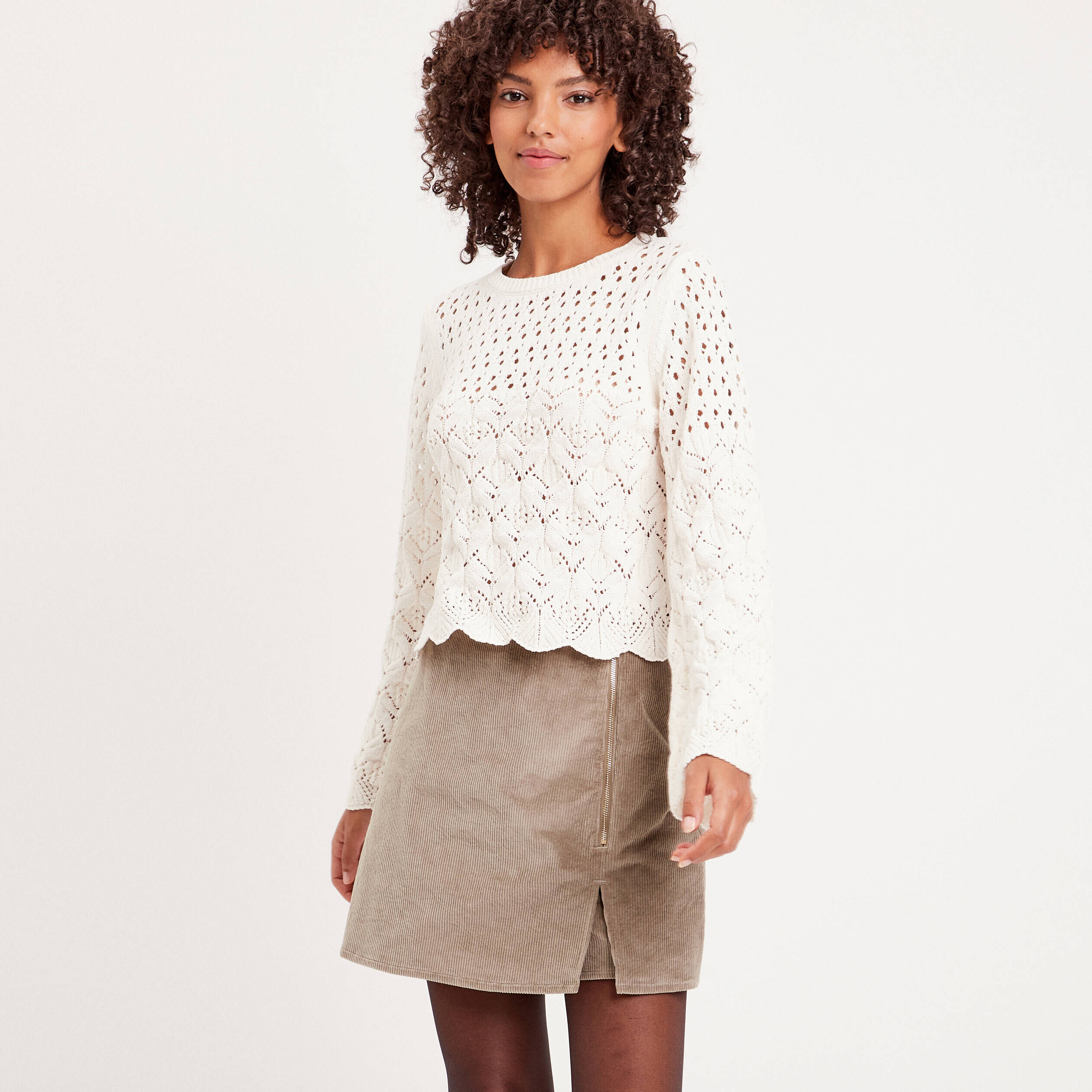 Pull ajouré avec bord festonné ivoire femme | Cache Cache