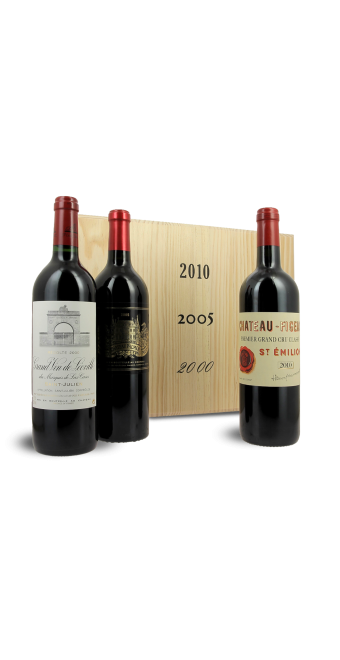 Bordeaux Caisse d'Exception : Figeac, Palmer, Léoville Las Cases Château Figeac 2010, Saint-Emilion Grand Cru classé A - Château Palmer 2005, Margaux - Château Léoville Las Cases 2000, Saint-Julien