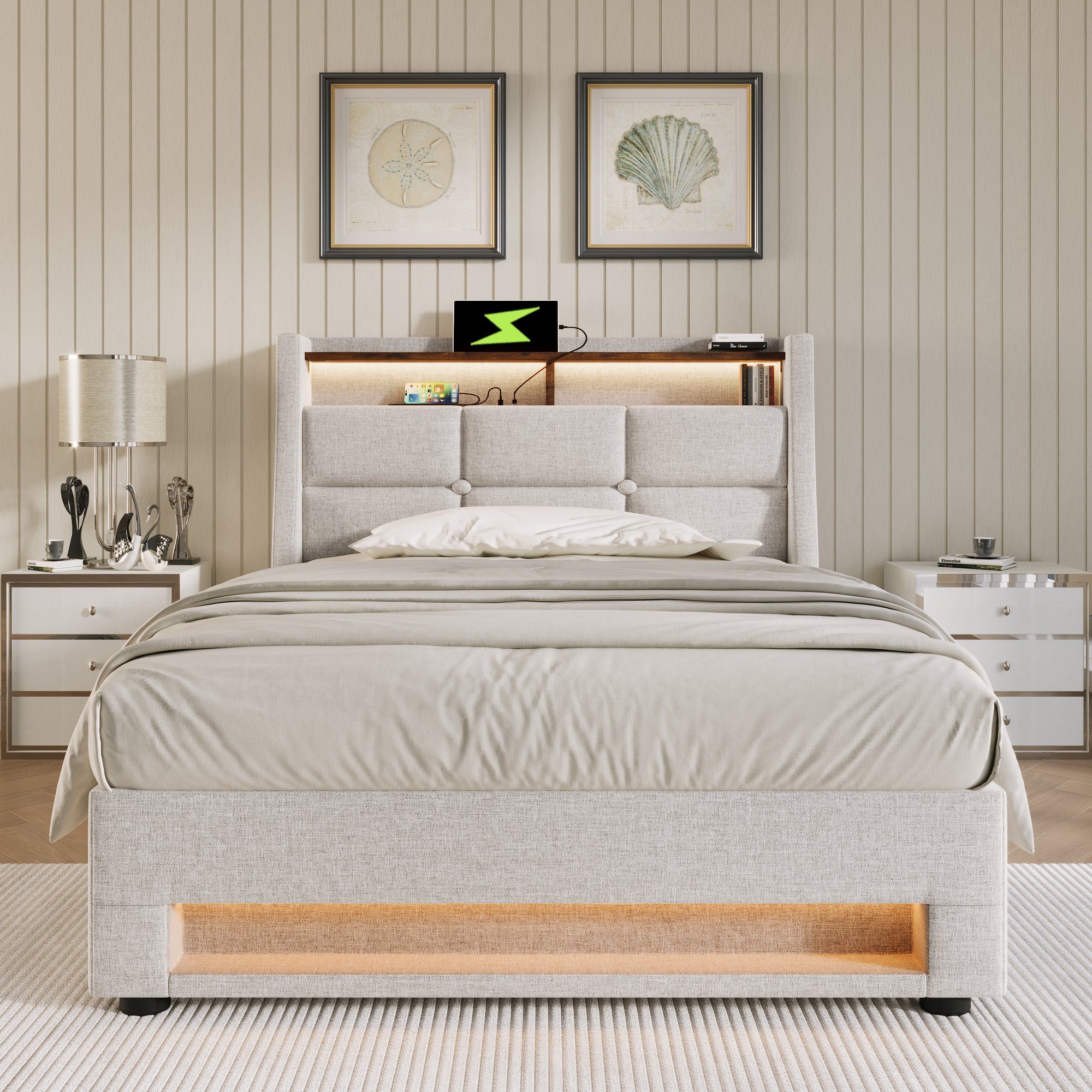 REDOM Polsterbett (LED Doppelbett Jugendbett mit USB Ladeanschluss, Jugendbett), 90x200cm, Ohne Matratze