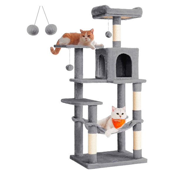 Katzenhaus 143 cm, mit 4 Kratzsäulen, 2 Plattformen, Hängematte und Höhle