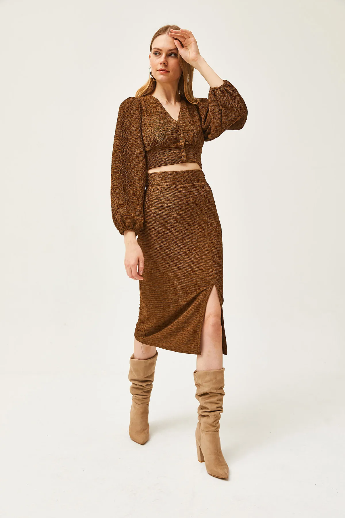 Olalook  Brauner Strickanzug mit Schlitzrock für Damen TKM-19000255