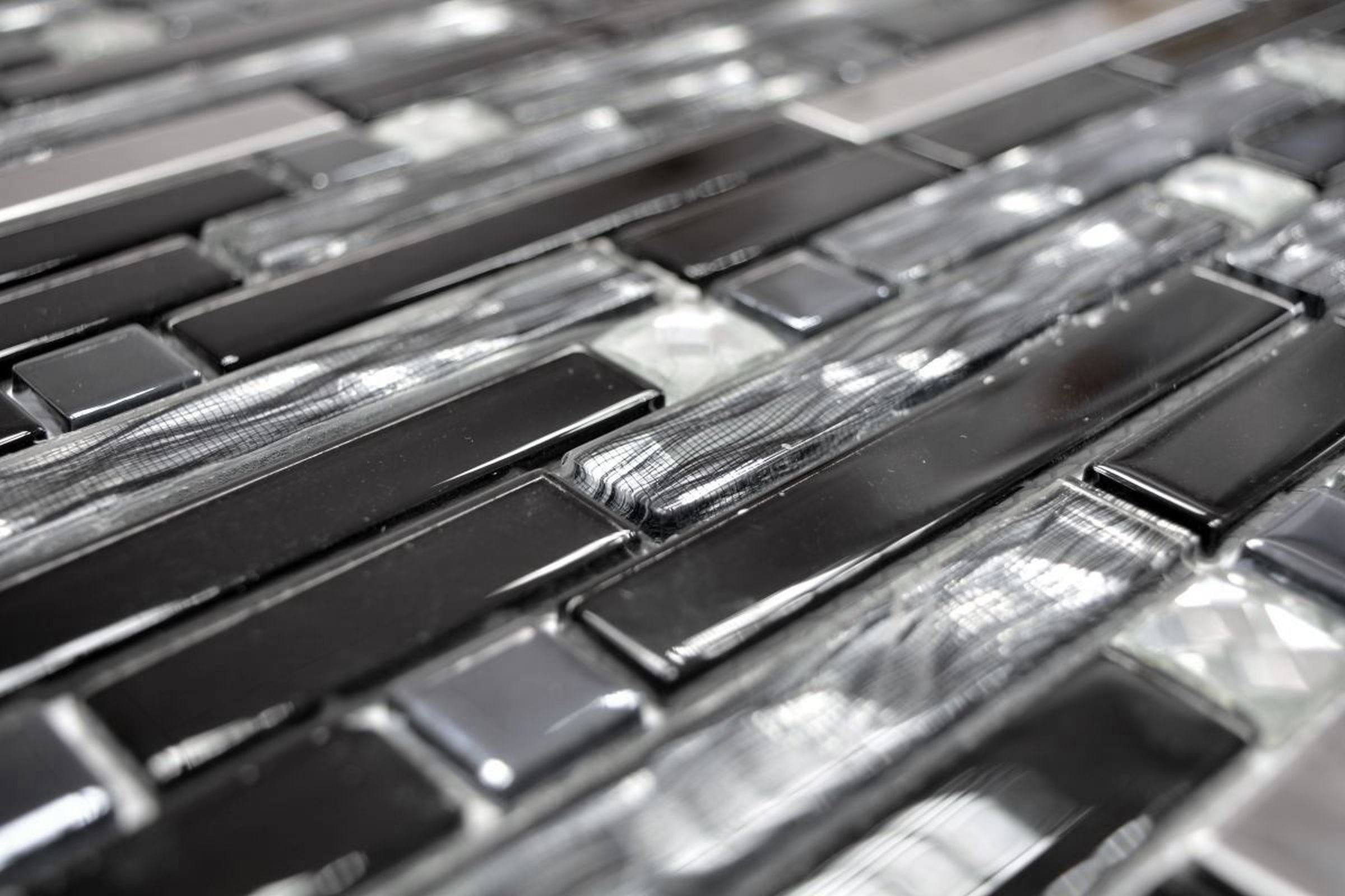 Mosani Mosaikfliesen Glasmosaik Stäbchen Edelstahl silber schwarz Fliesenspiegel