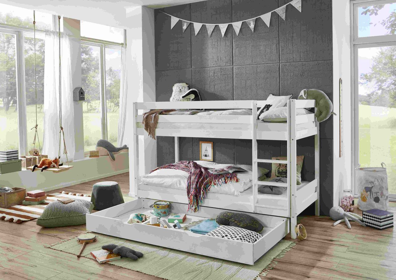 Relita Etagenbett Lupo mit 2 Liegeflächen 90 x 200 cm und Bettschublade, inkl. 2 Rolllattenroste, Buche massiv weiß lackiert
