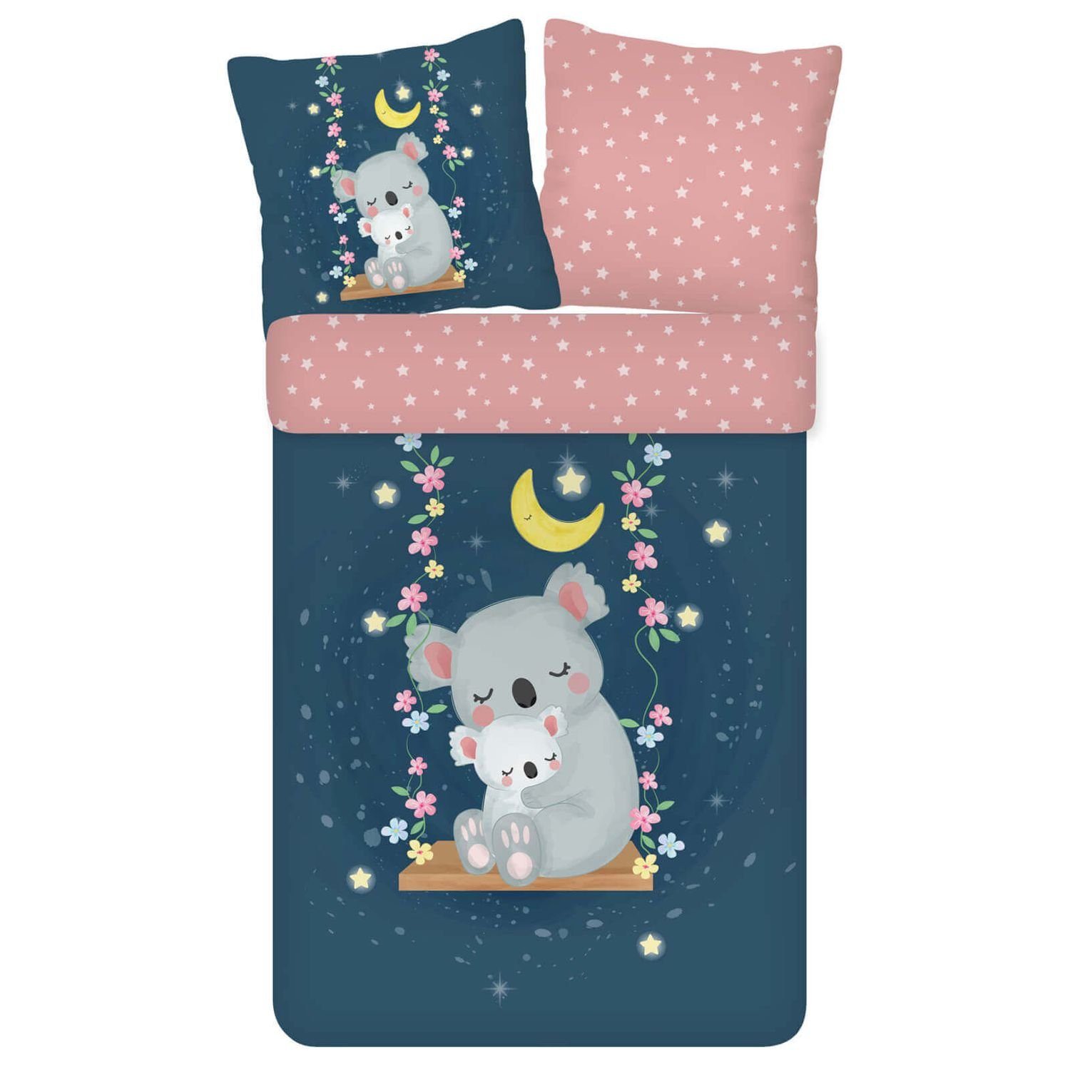 Kinderbettwäsche Schaukel Trendy Bedding, ESPiCO, Renforcé, 2 teilig, Tiermotiv, Mond, Blümchen