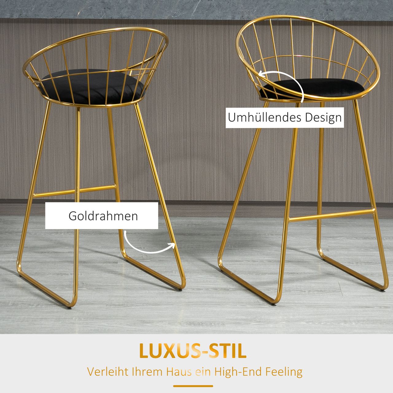HOMCOM 2er-Set Barhocker mit Rückenlehne Bistrohocker Barstuhl Metall Gold