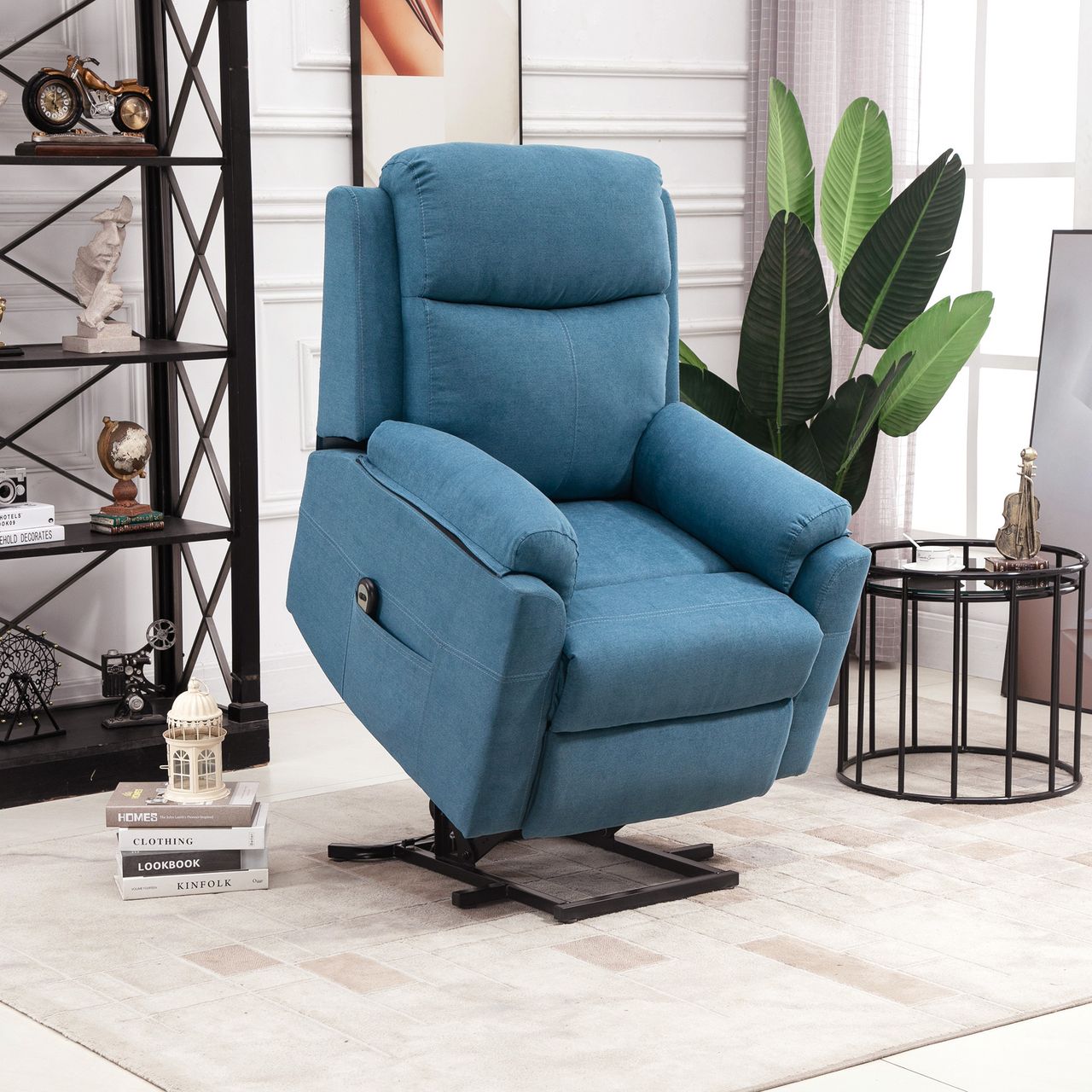 HOMCOM elektrischer Aufstehsessel Sessel mit Aufstehhilfe für Senior Relaxsessel Fernsehsessel Liegefunktion Leinen-Touch Blau 83 x 89 x 102 cm
