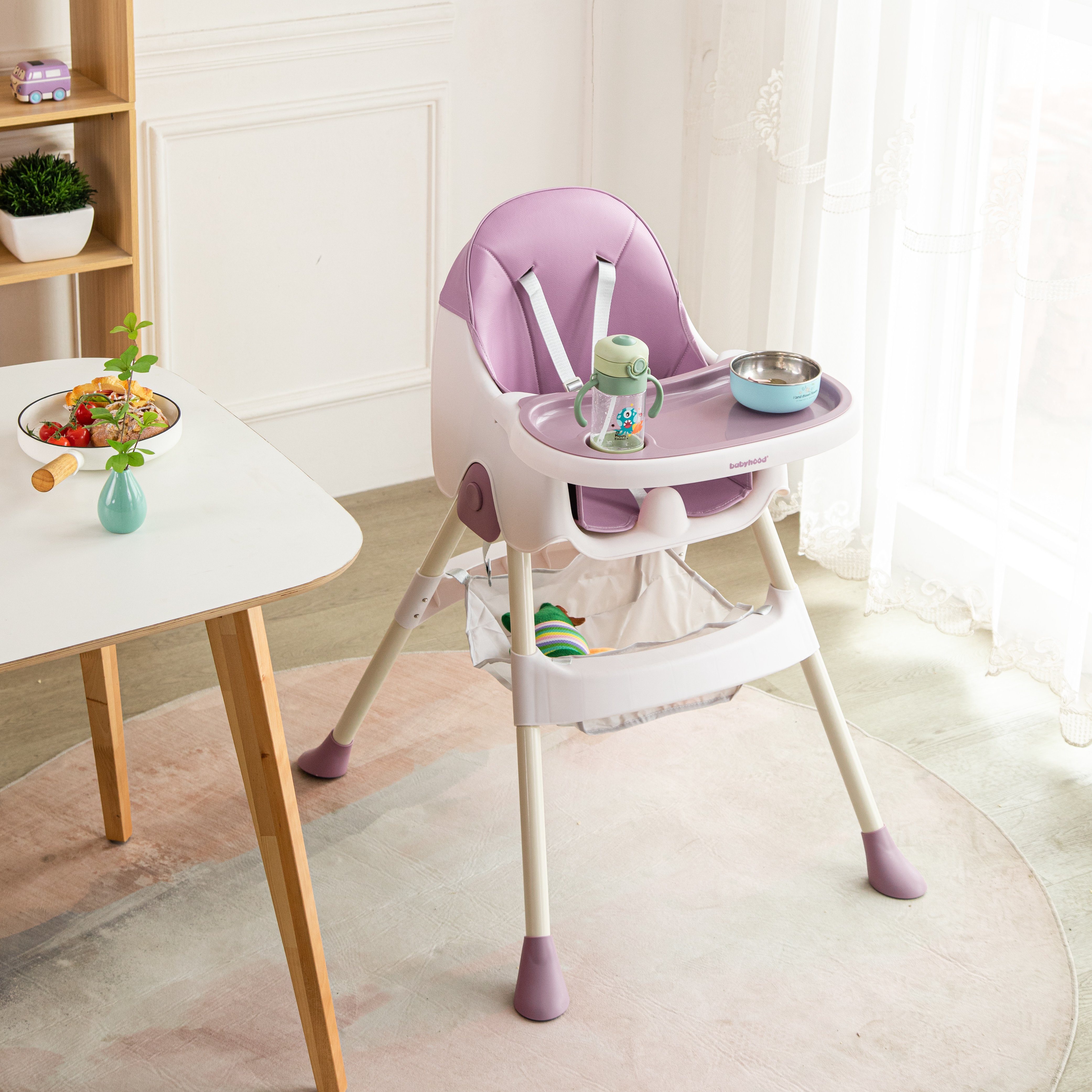 FOXSPORT Kinderklappstuhl Hochstuhl Kinder Hochstuhl 2 in 1 Babystuhl Kombihochstuhl (mit Ablagekorb, mit 5-Punkt-Sicherheitsgurt, wasserdichtes abnehmbares Tablett), klappbar, 6 Monate bis 4 Jahre, 50kg belastbar, violett/ grün (Türkis)