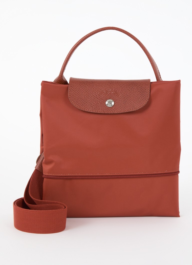 Longchamp Le Pliage Green laajennettava matkalaukku nahkayksityiskohdilla