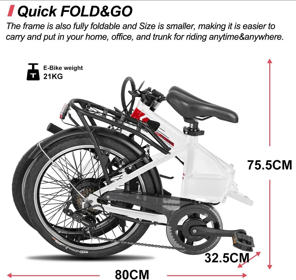 HILAND E-Bike 20 Zoll E-Klapprad Pedelec E-Faltrad Damen Herren, 6 Gang, Kettenschaltung, Heckmotor
